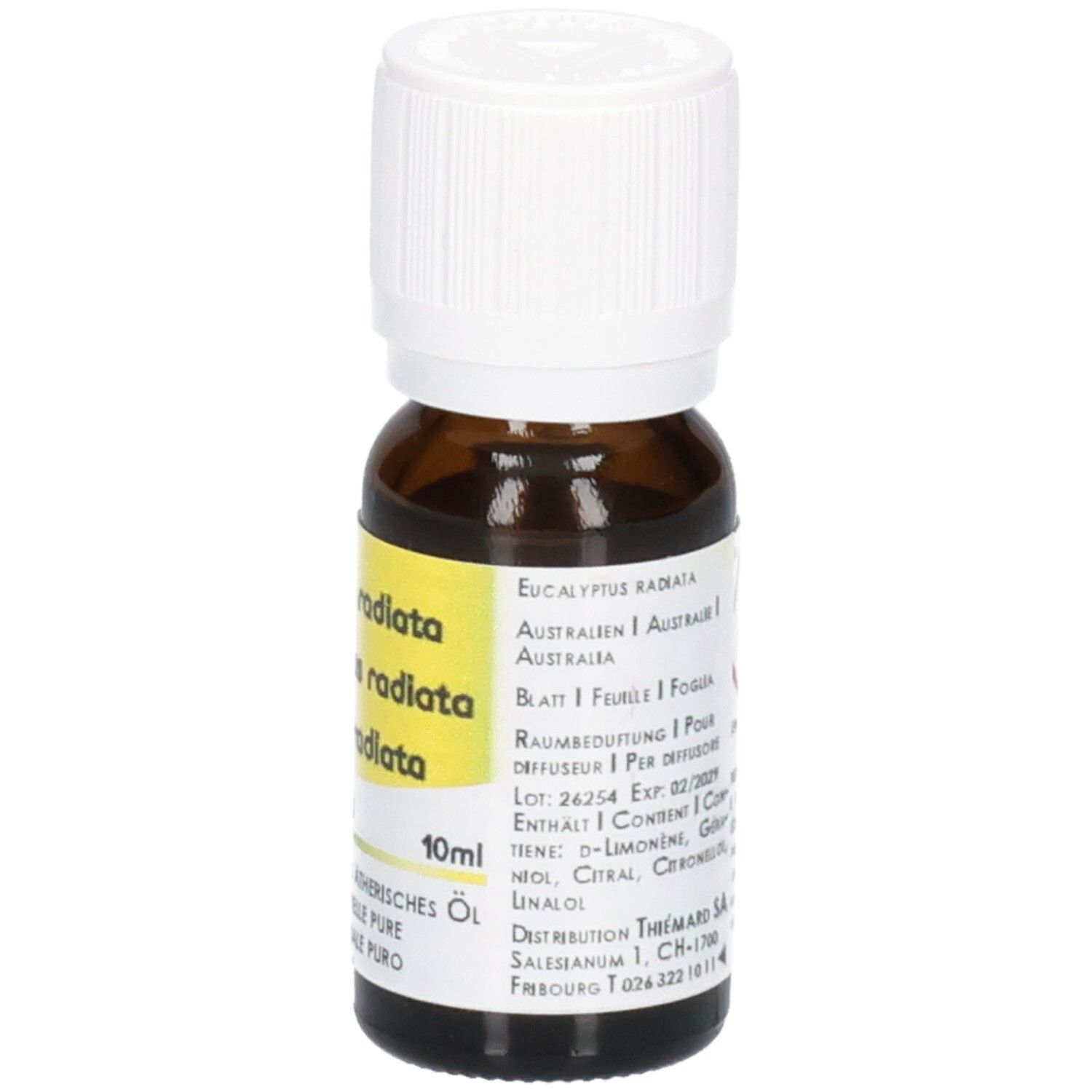 Braune Glasflasche mit weißem Schraubverschluss, 10ml Eucalyptus radiata Öl.