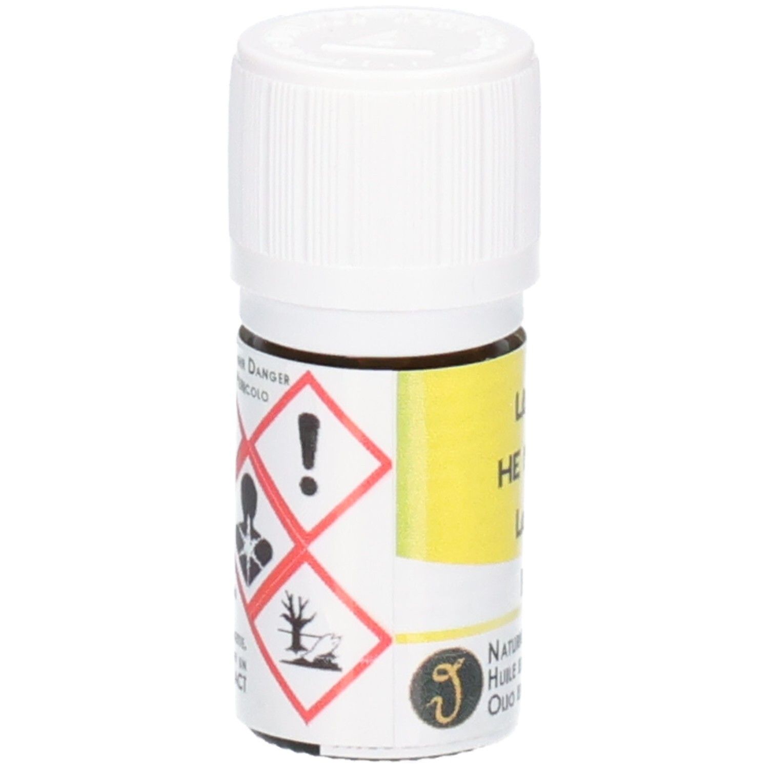 Kleine braune Glasflasche mit weißem Schraubverschluss. Enthält Gefahrensymbole und Warnhinweise.