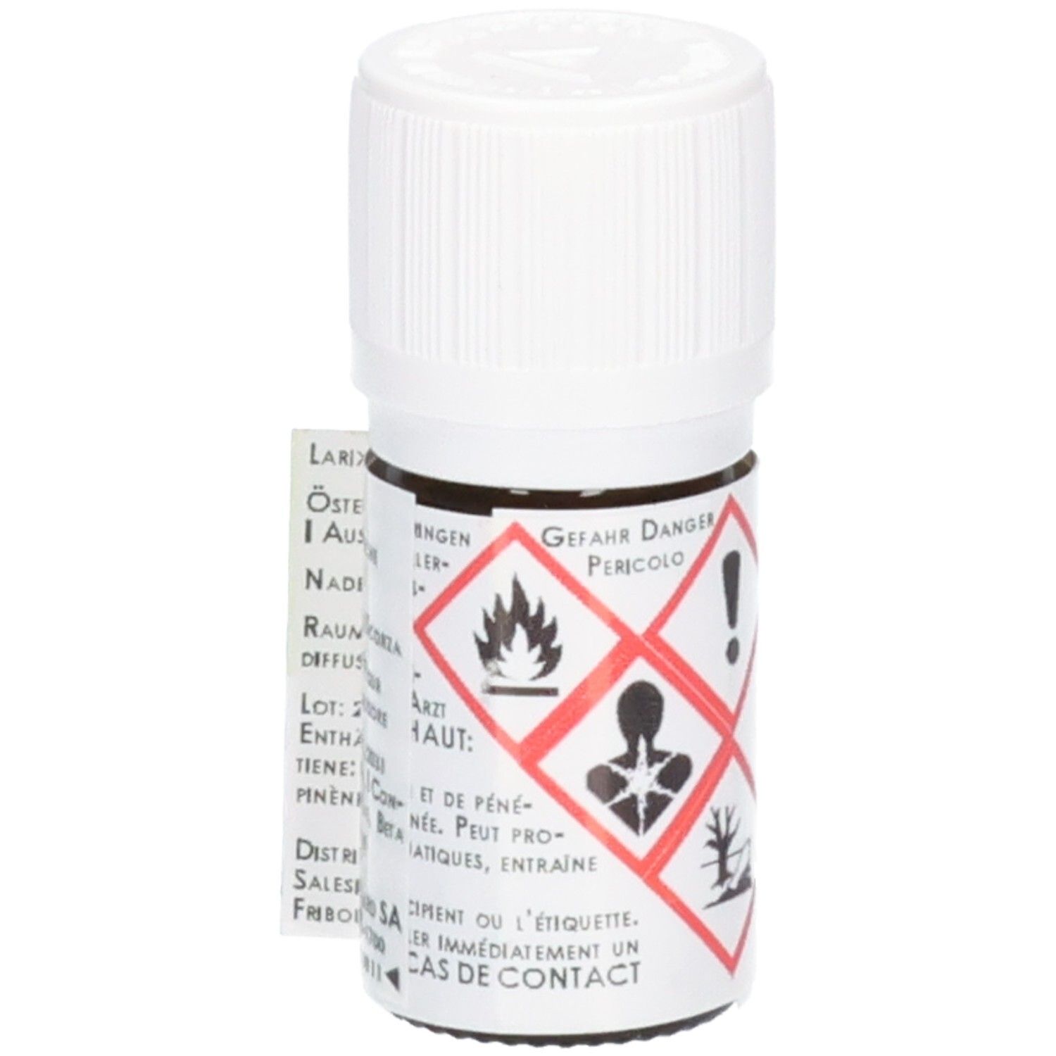 Kleine weiße Flasche mit Warnsymbolen für Entzündbarkeit und Hautreizung.