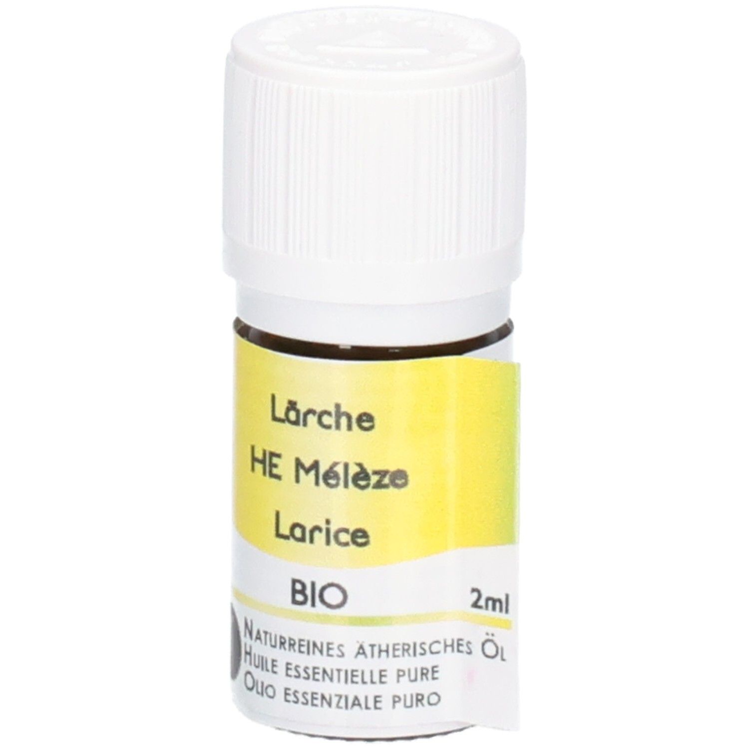 Kleine braune Glasflasche mit weißem Schraubverschluss. Gelbes Etikett mit "Lärche HE Mélèze Larice BIO 2ml".