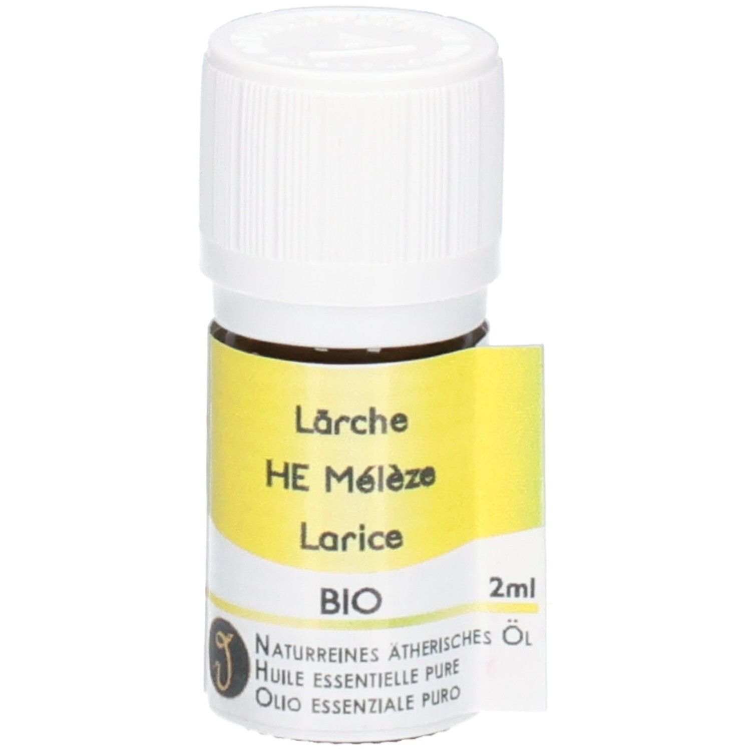 Braune Glasflasche mit weißem Schraubverschluss, 2ml. Etikett mit "Lärche HE Melèze Larice BIO".
