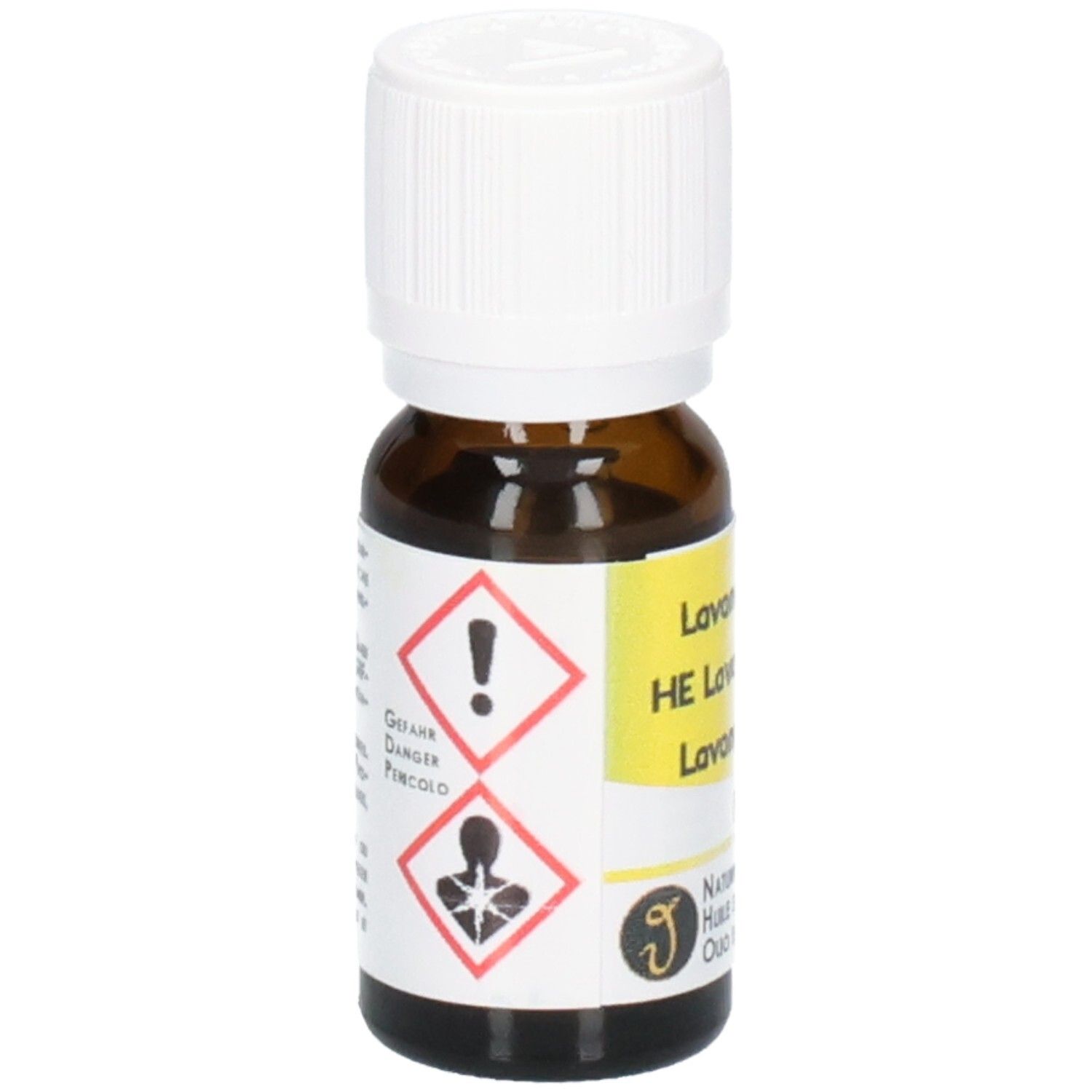 Braune Glasflasche mit weißem Schraubverschluss, enthält ätherisches Öl. Mit Warnsymbolen und Produktinformationen beschriftet.