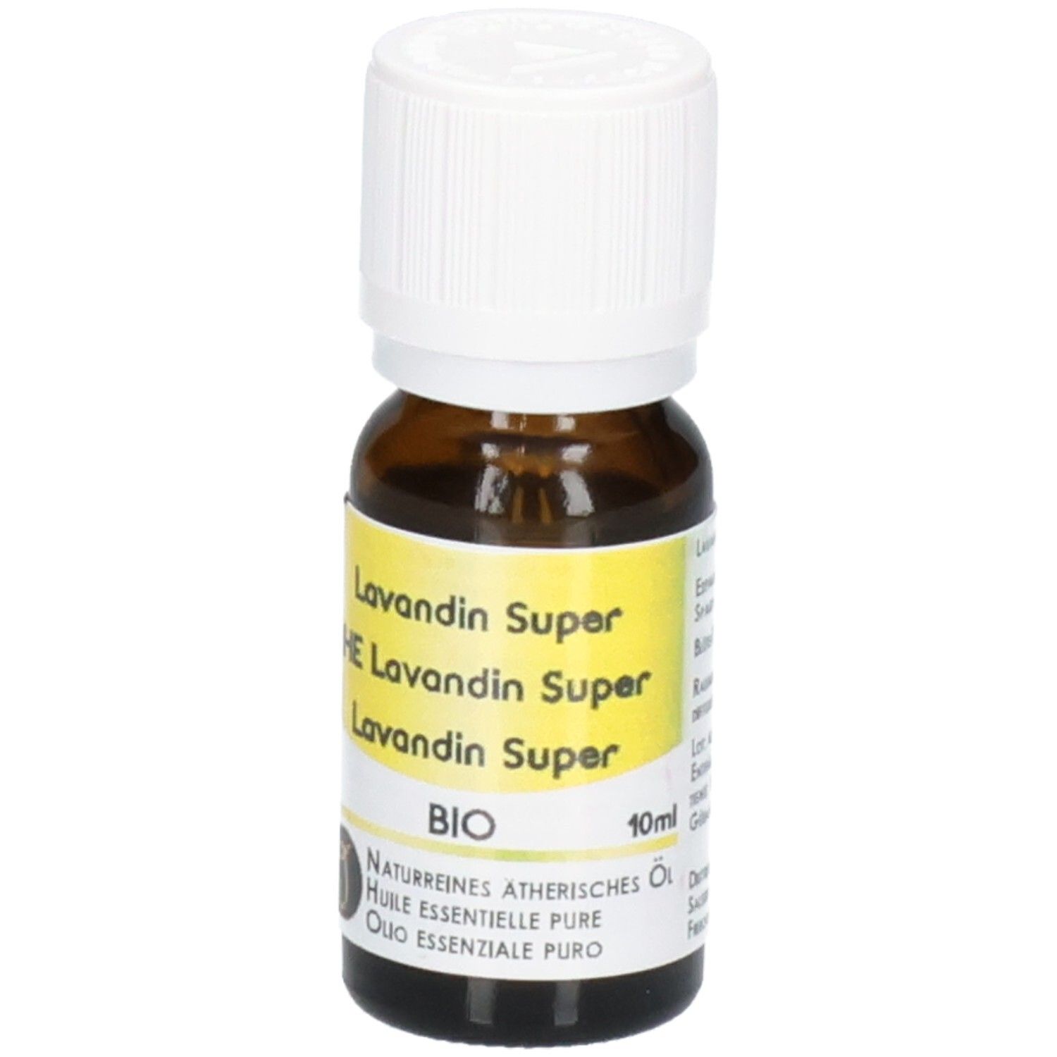 Braune Glasflasche mit weißem Schraubverschluss, 10ml Lavandin Super BIO naturreines ätherisches Öl.