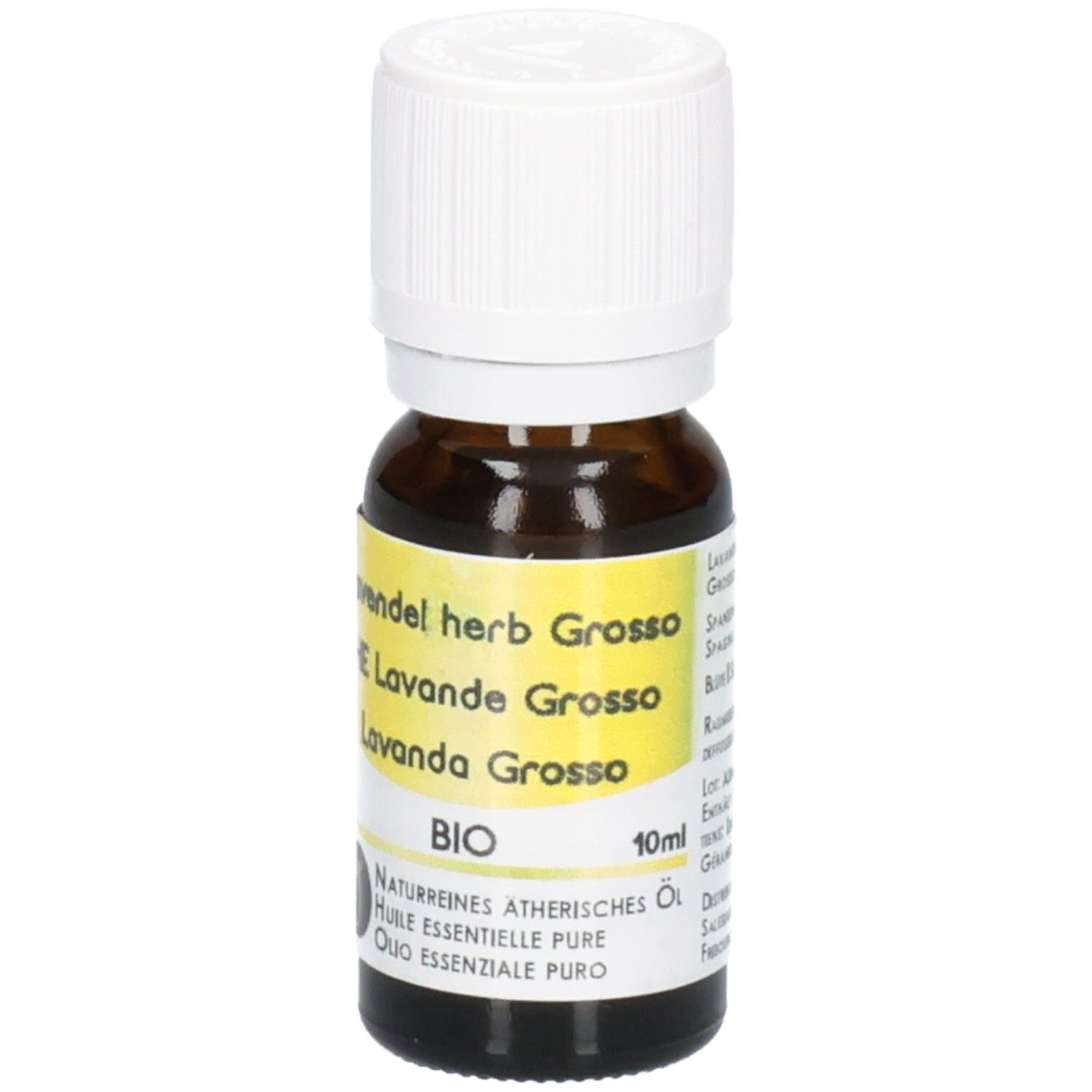 Braune Glasflasche mit weißem Schraubverschluss, gefüllt mit ätherischem Lavendelöl Grosso. Etikett mit BIO-Siegel und 10ml Angabe.