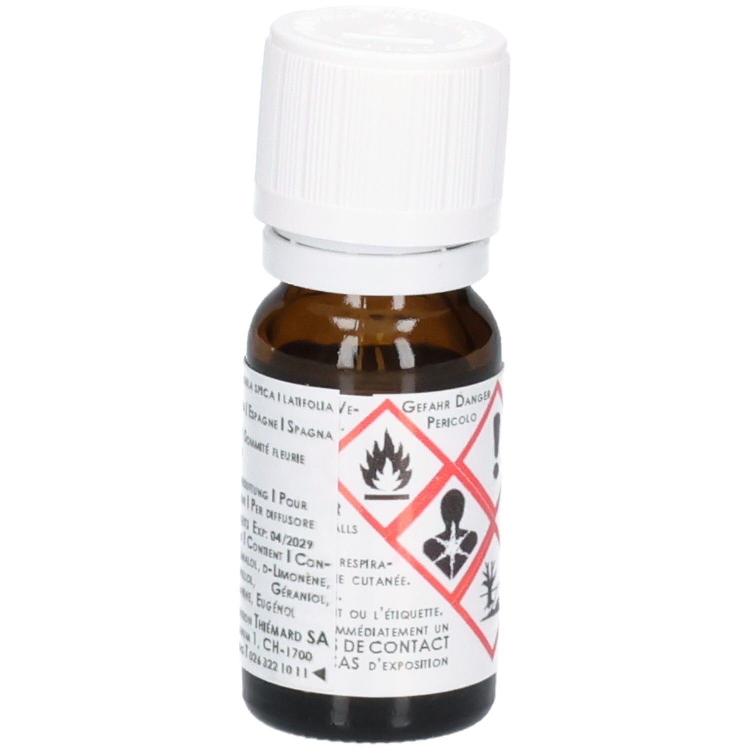 Braune Glasflasche mit weißem Schraubverschluss, enthält Gefahrensymbole.