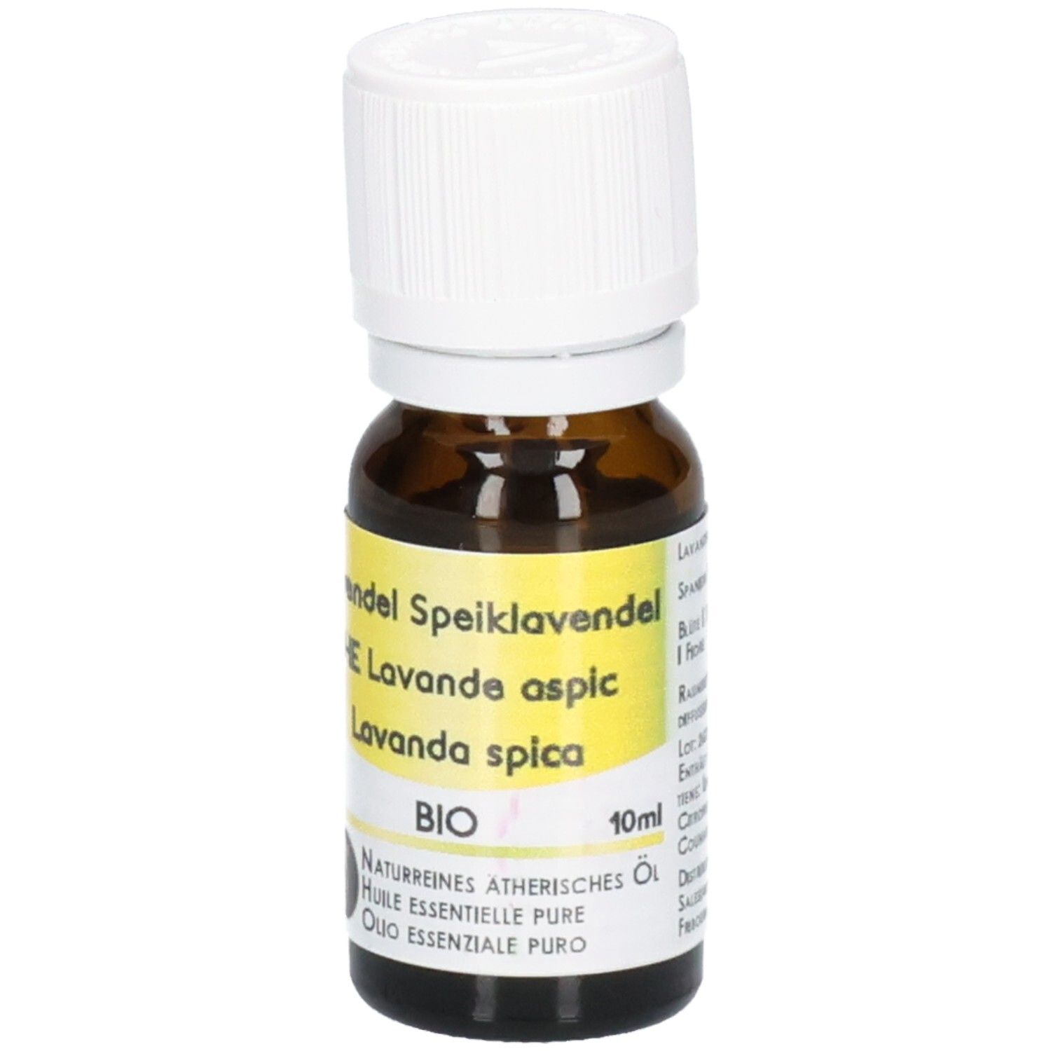 Braune Glasflasche mit weißem Schraubverschluss, gefüllt mit ätherischem Lavendelöl. Etikett mit BIO-Siegel und 10ml Angabe.