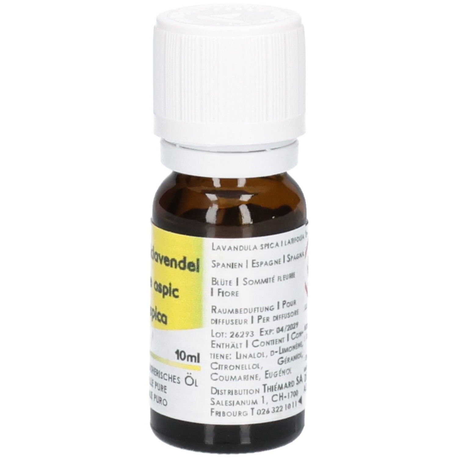 Braune Glasflasche mit weißem Schraubverschluss, 10ml Lavendelöl.