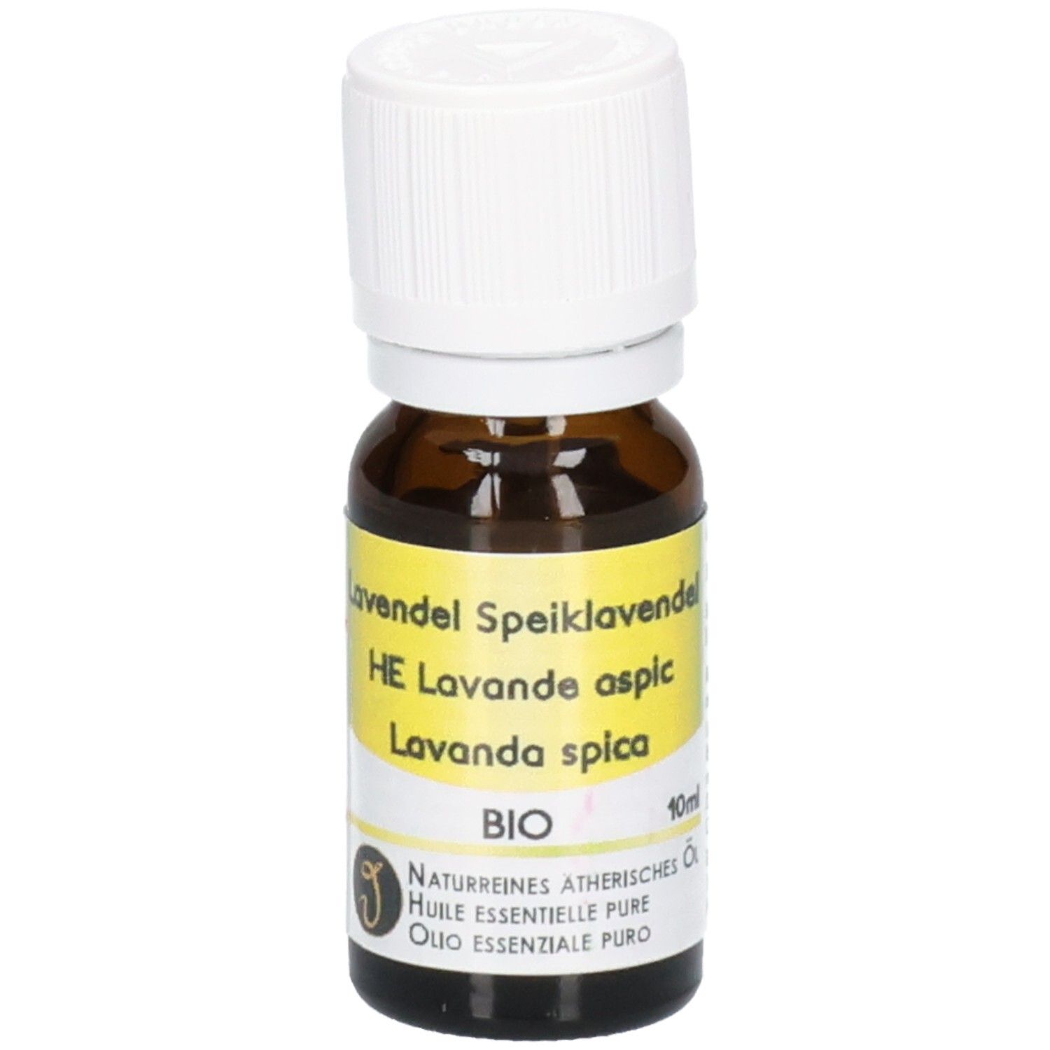 Braune Glasflasche mit weißem Schraubverschluss, gefüllt mit Lavendelöl. Etikett mit "Lavendel Speiklavendel", "BIO" und "10ml".