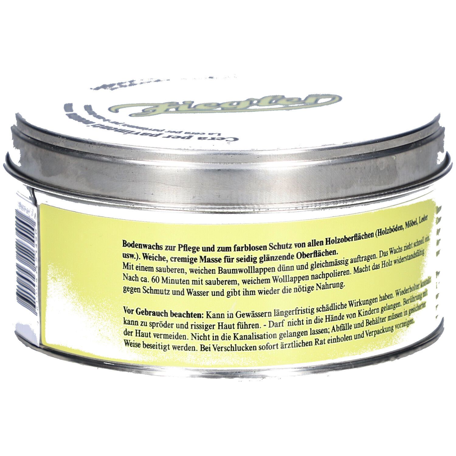 Runde Dose mit gelbem Etikett. Text: ZIEGLER, Bodenwichse neutral. Rückseite mit Produktinformationen.