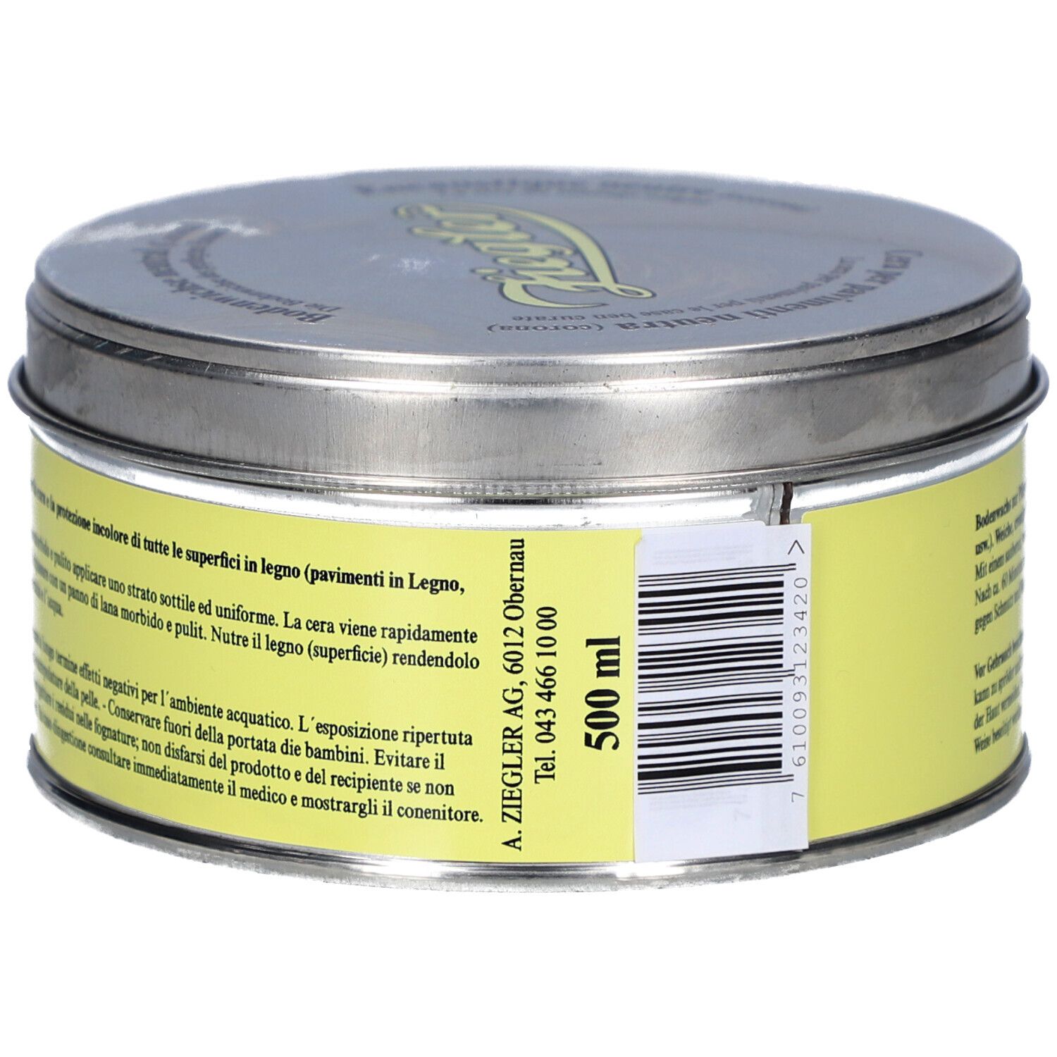 Runde Dose mit gelbem Etikett. Text: ZIEGLER, Bodenwichse neutral. Aufschrift: 500 ml. Barcode.