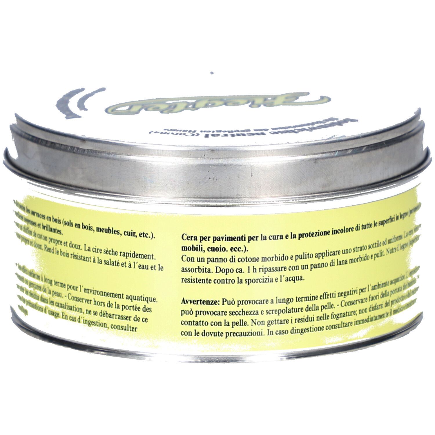 Runde Dose mit gelbem Etikett. Text: ZIEGLER, Bodenwichse neutral. Produktinformationen in italienischer Sprache.