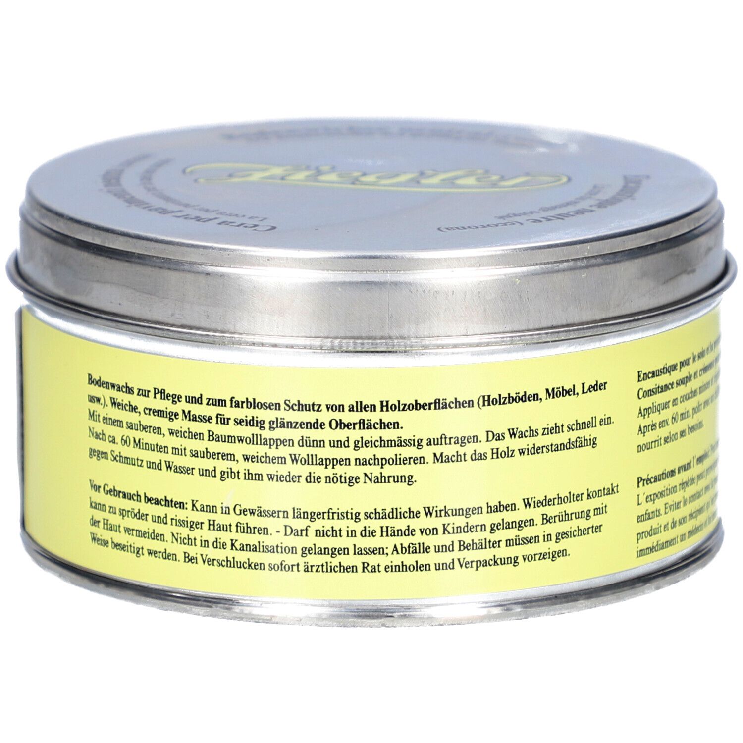 Runde Dose mit gelbem Etikett. Text: ZIEGLER, Bodenwichse neutral. Produktinformationen in deutscher Sprache.