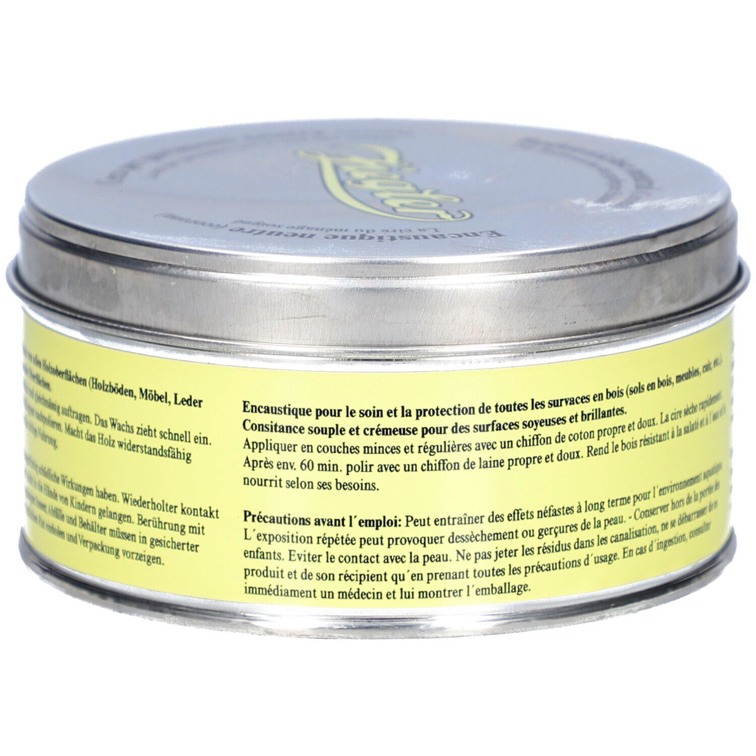 Runde Dose mit gelbem Etikett. Text: ZIEGLER, Bodenwichse neutral. Produktinformationen in französischer Sprache.