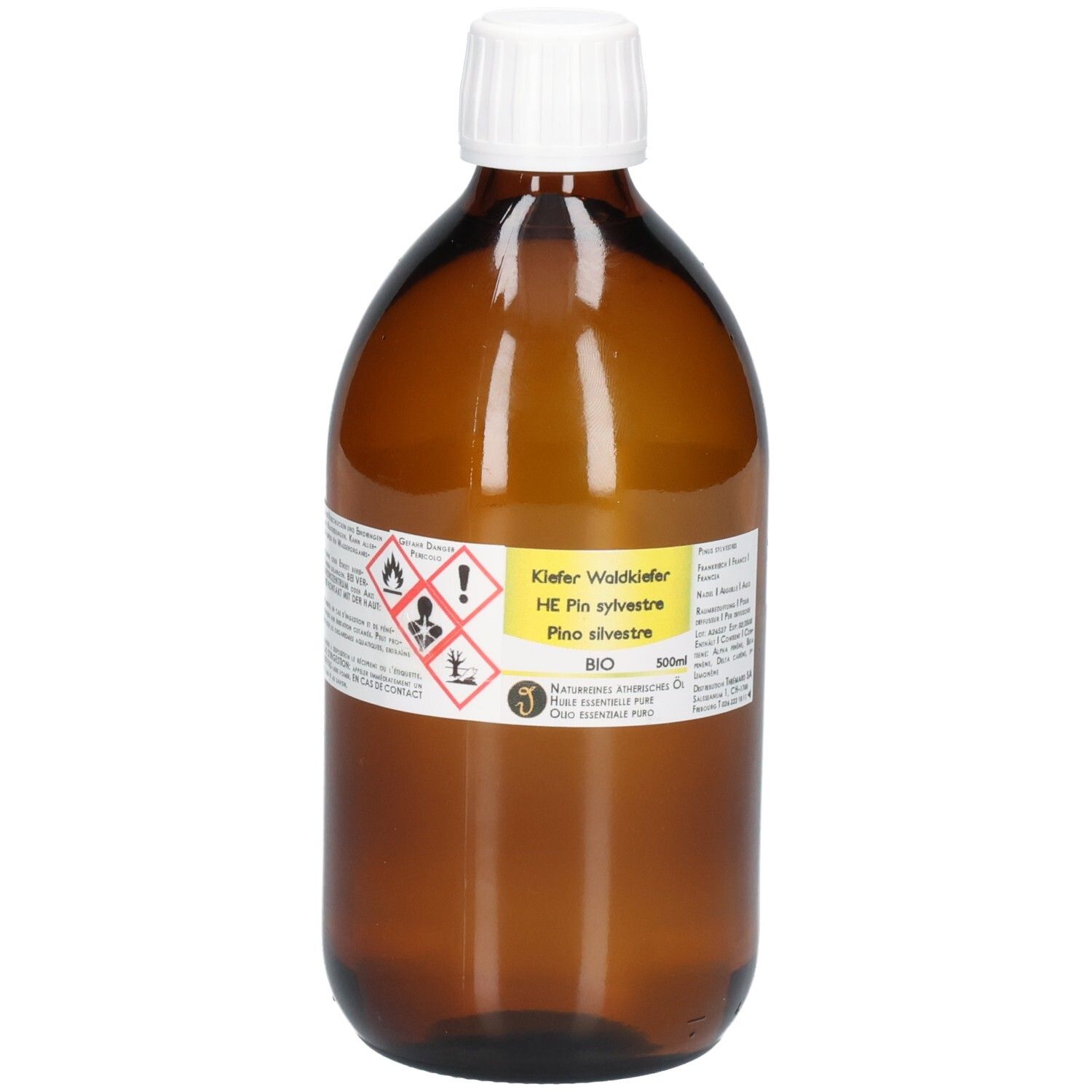 Braune Glasflasche mit weißem Schraubverschluss. Etikett mit Warnsymbolen, "Kiefer Waldkiefer HE Pin sylvestre", "BIO" und "500ml".