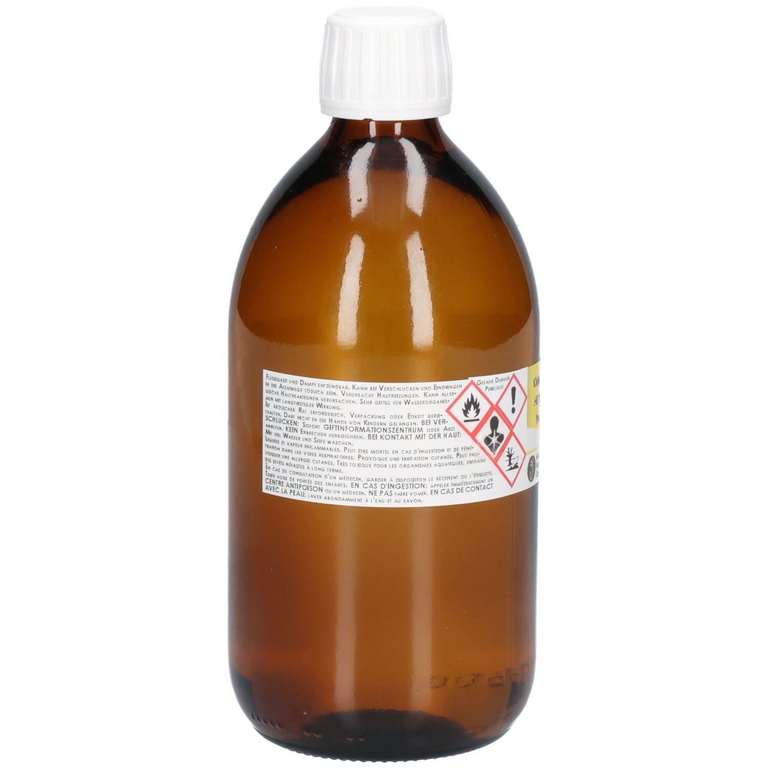 Braune Glasflasche mit weißem Schraubverschluss und Etikett mit Gefahrensymbolen.