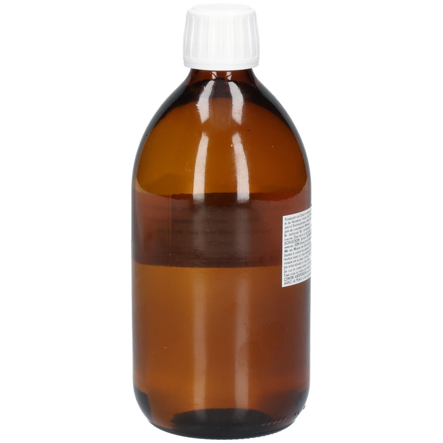 Braune Glasflasche mit weißem Schraubverschluss, gefüllt mit klarer Flüssigkeit.