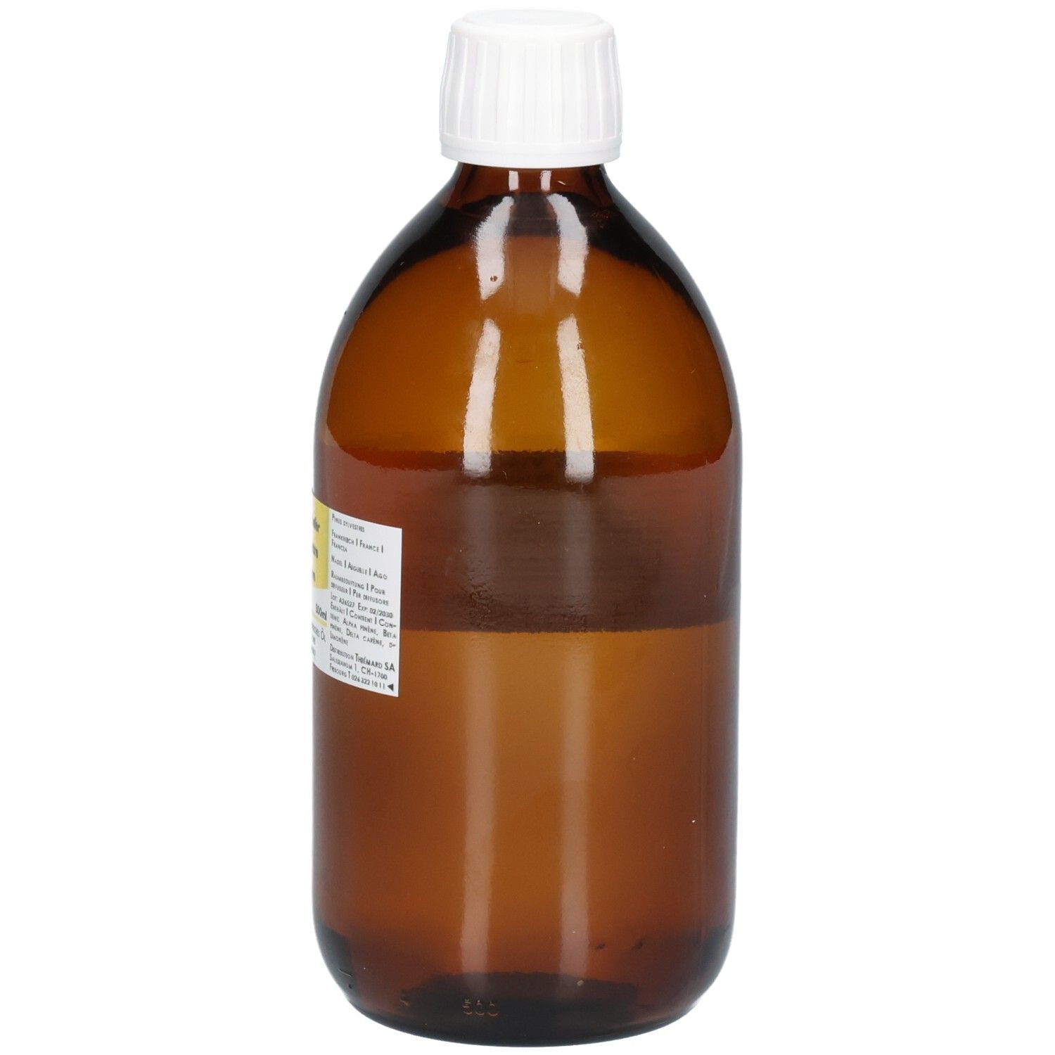 Braune Glasflasche mit weißem Schraubverschluss, gefüllt mit klarer Flüssigkeit. Ein Etikett ist auf der Seite angebracht.