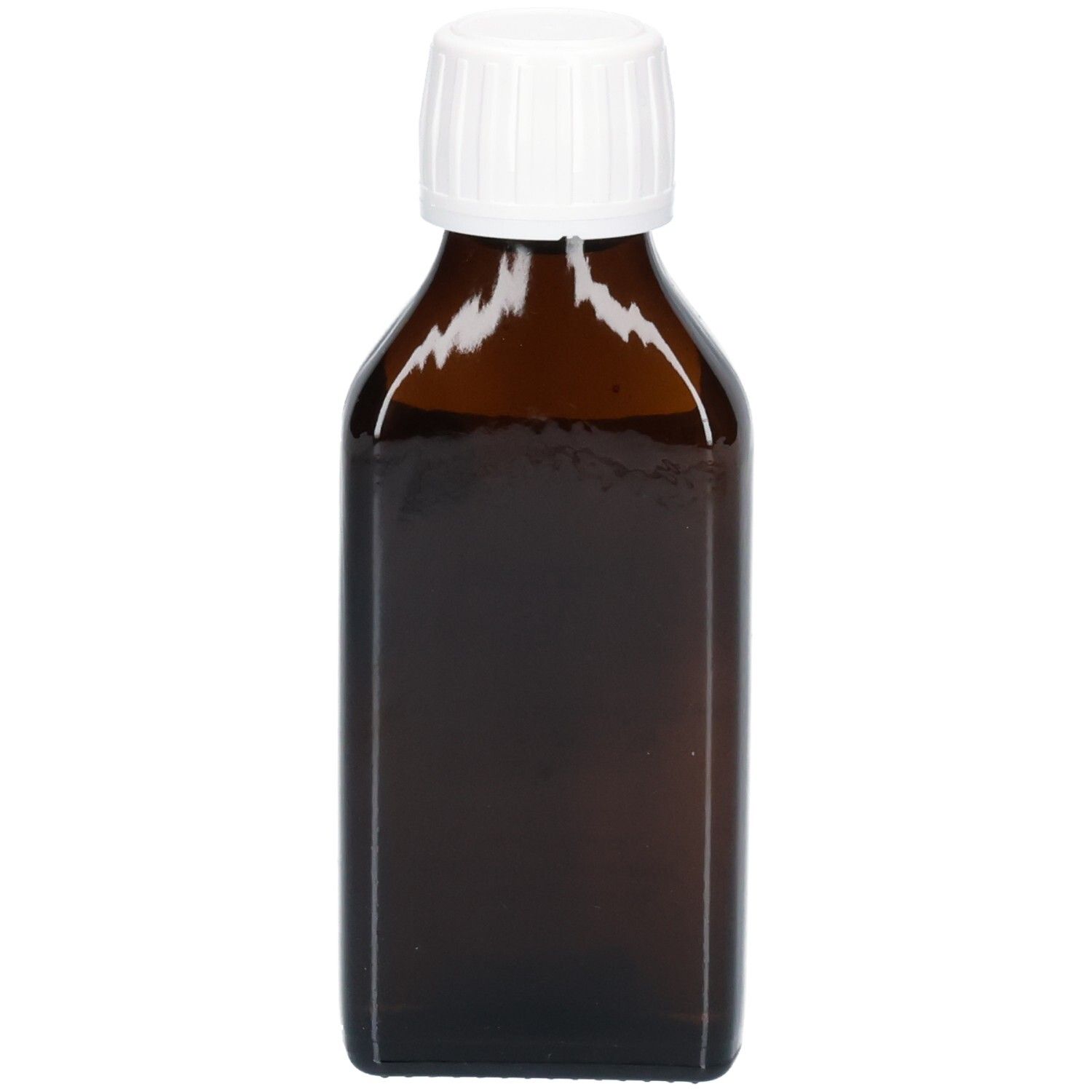 Braune Glasflasche mit weißem Schraubverschluss, gefüllt mit dunkler Flüssigkeit.