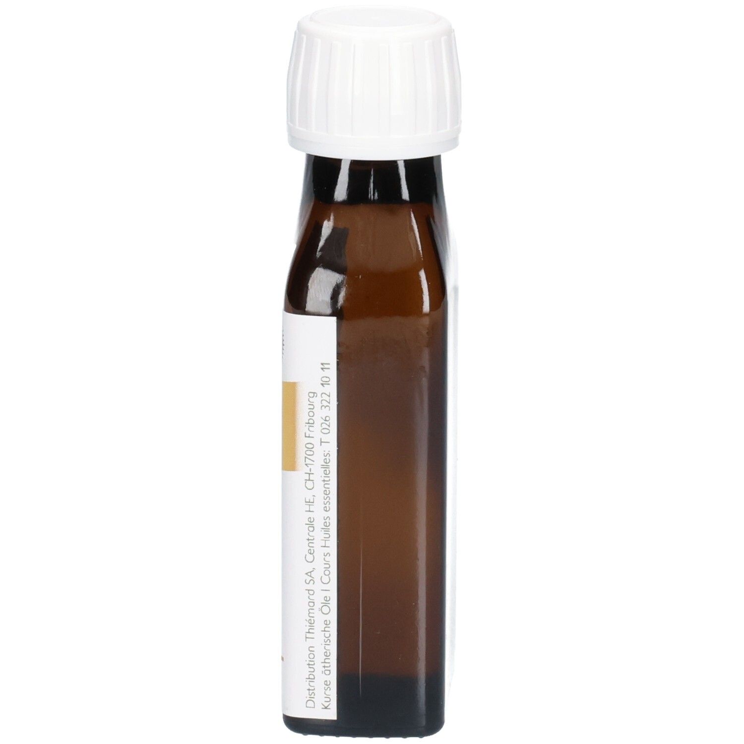 Braune Glasflasche mit weißem Schraubverschluss. Etikett mit Text.