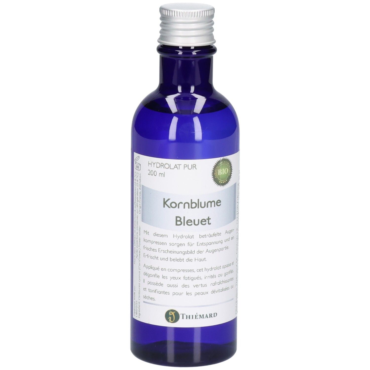 Blaue Glasflasche mit 200 ml Kornblumenhydrolat. Bio-Siegel und Thiemard-Logo sichtbar.