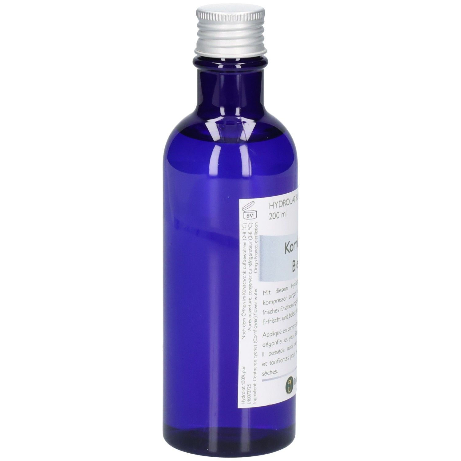 Blaue Glasflasche mit silbernem Schraubverschluss, 200 ml, mit Etikett.