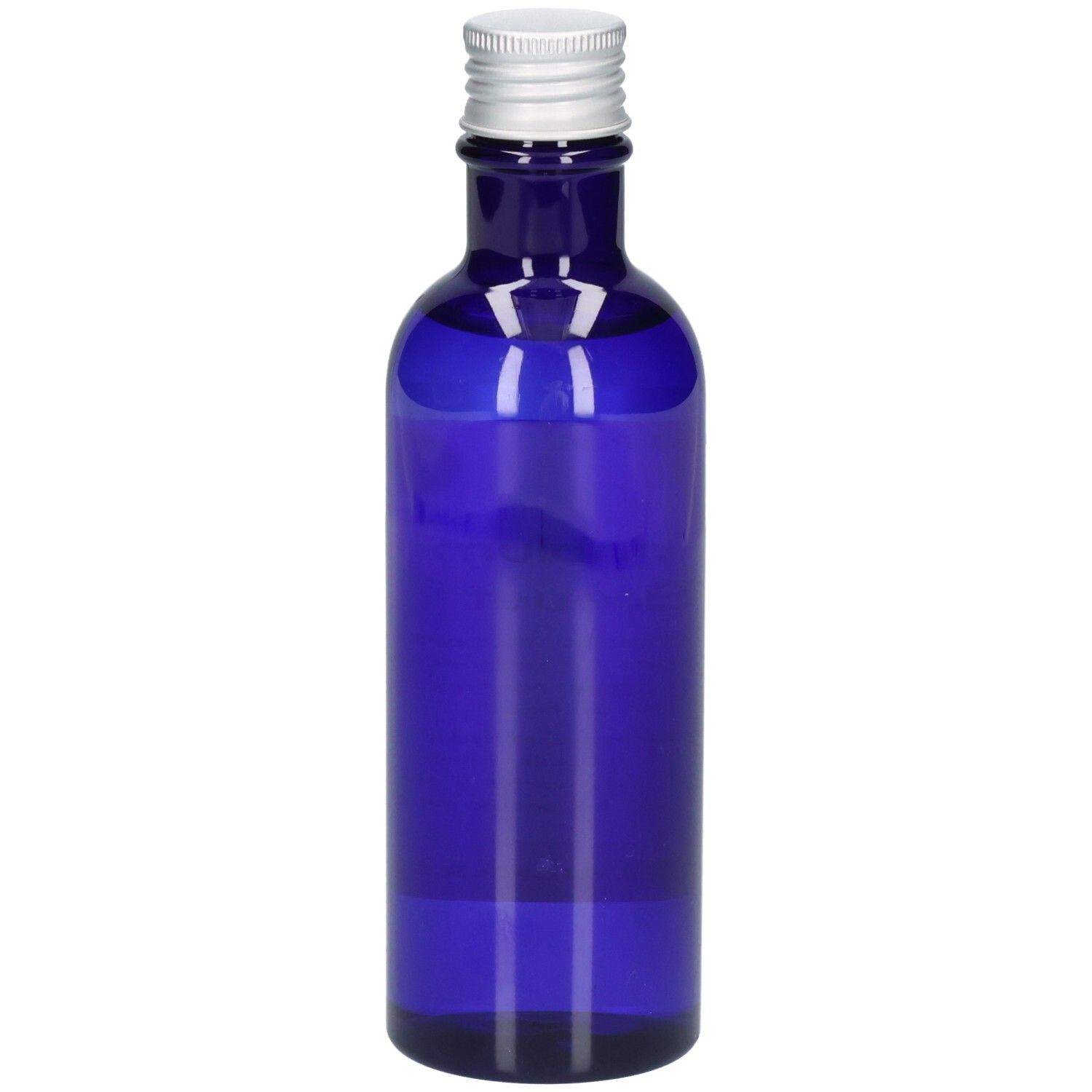 Blaue Glasflasche mit silbernem Schraubverschluss.