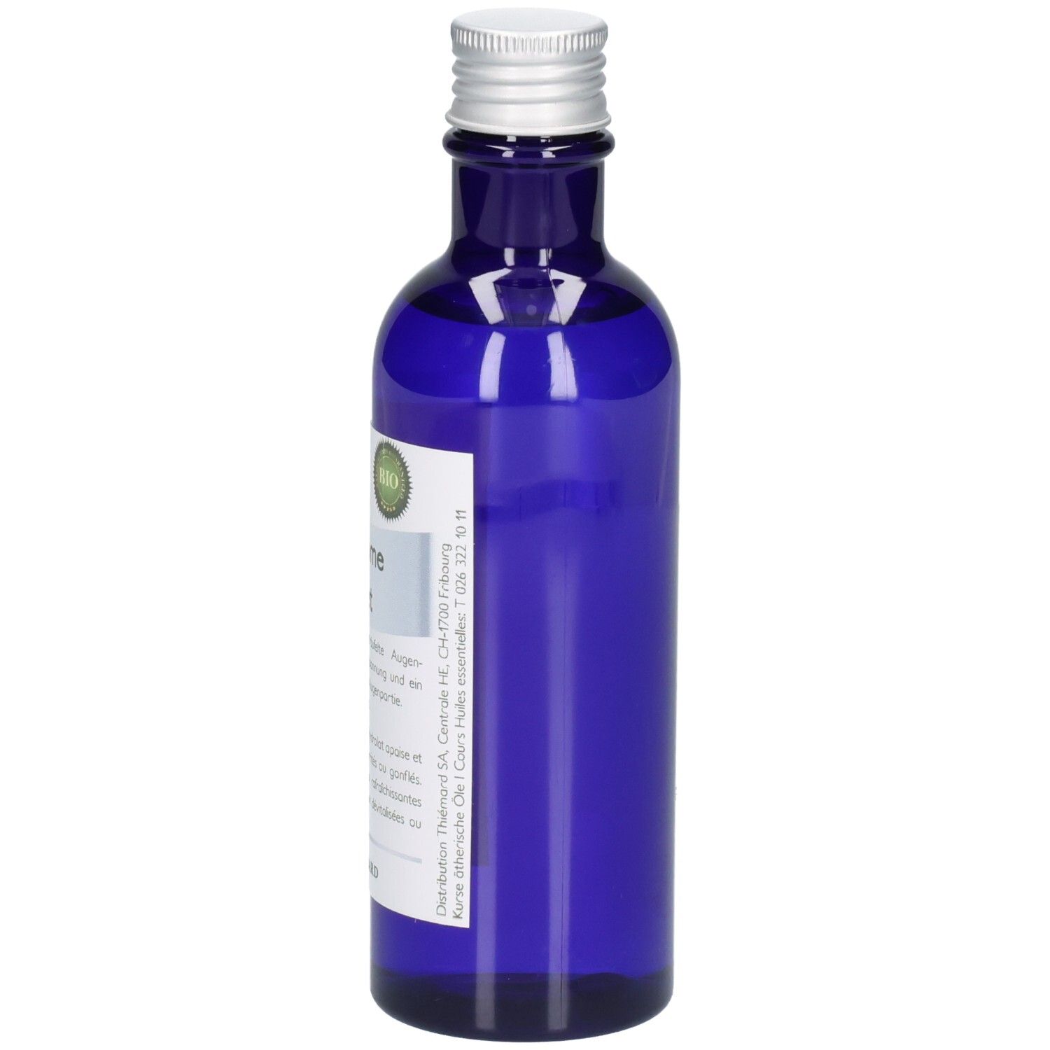 Blaue Glasflasche mit silbernem Schraubverschluss, gefüllt mit klarer Flüssigkeit. Etikett mit Bio-Siegel und Text.