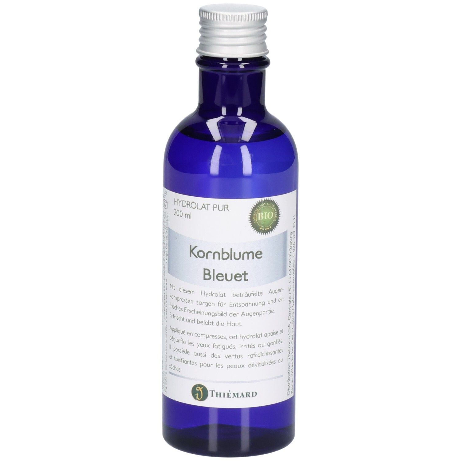 Blaue Glasflasche mit silbernem Verschluss, gefüllt mit Kornblumenwasser. Enthält 200 ml. BIO-Siegel und Thiemann-Logo sichtbar.