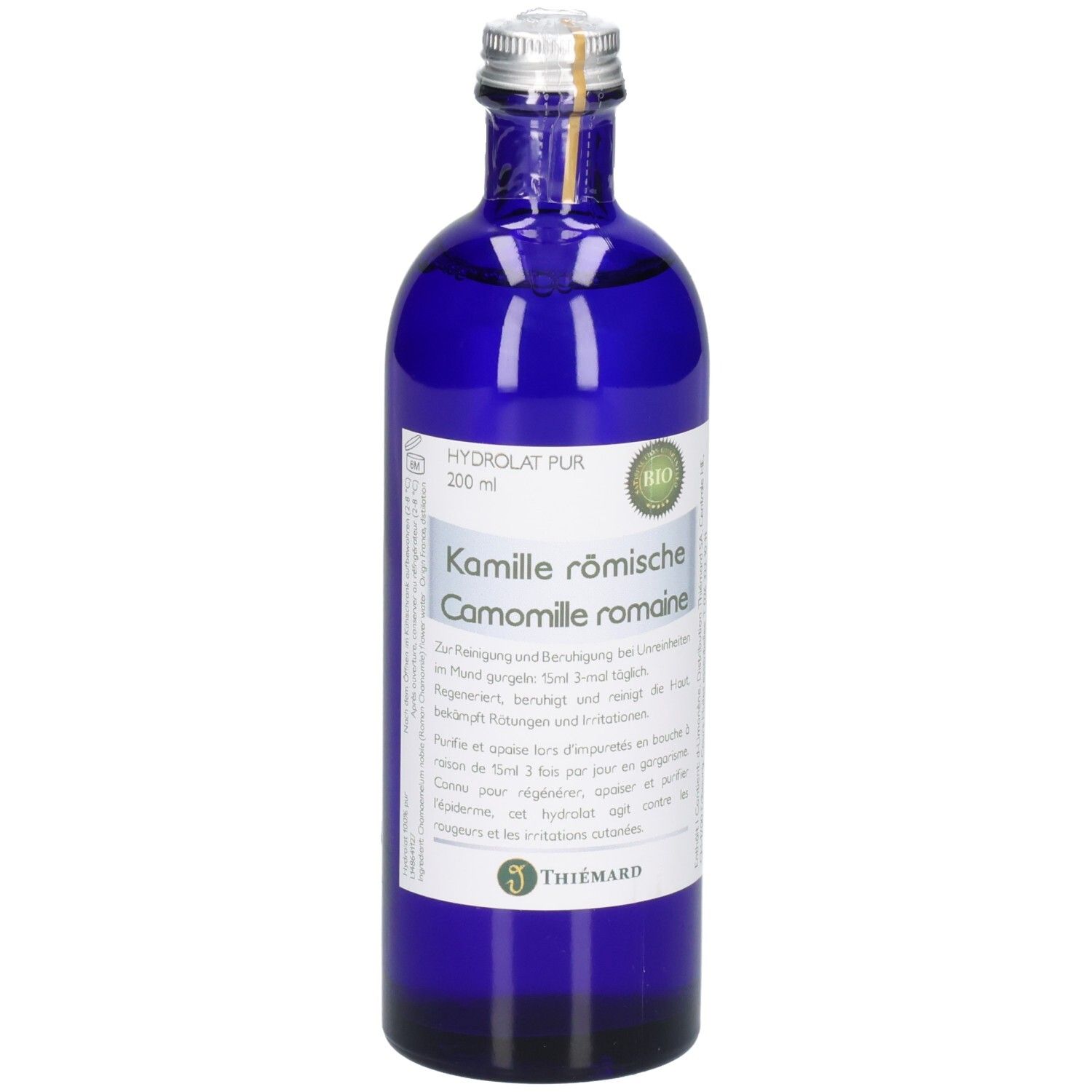 Blaue Glasflasche mit 200 ml römischem Kamillenhydrolat. Bio-Siegel und Marke Theiemard sichtbar.