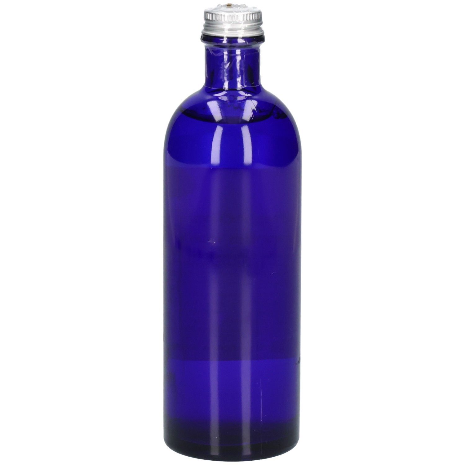 Dunkelblaue Glasflasche mit silbernem Schraubverschluss, gefüllt mit klarer Flüssigkeit.