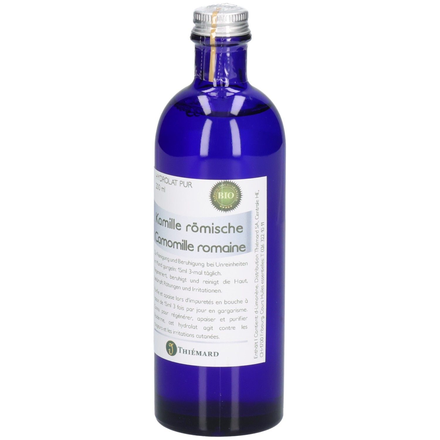 Blaue Glasflasche mit römischer Kamille Hydrolat, 250ml. Bio-Siegel und Thiemard-Logo sichtbar.
