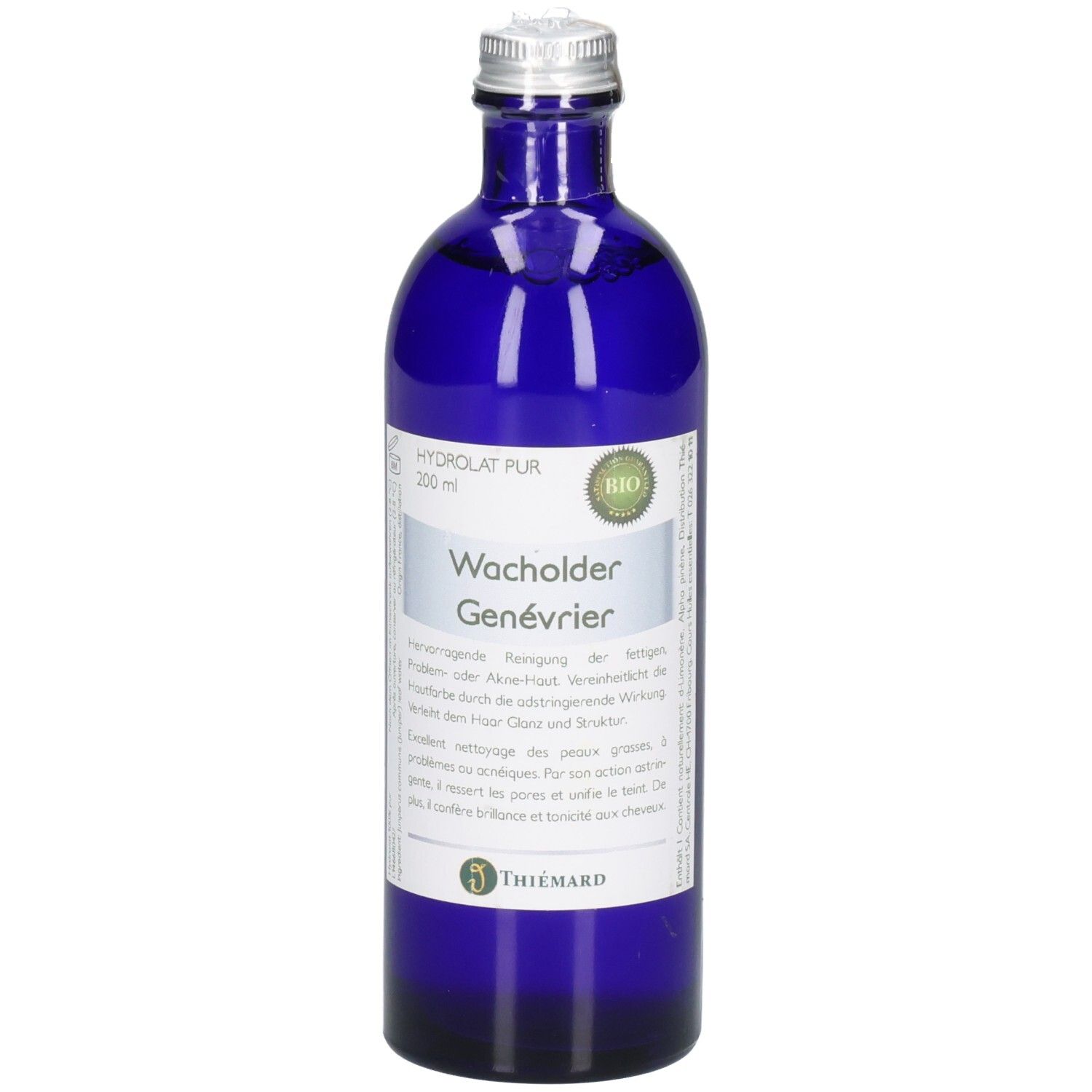 Bouteille d'Hydrolat de Genévrier Pur BIO, étiquette avec textes allemand et français.