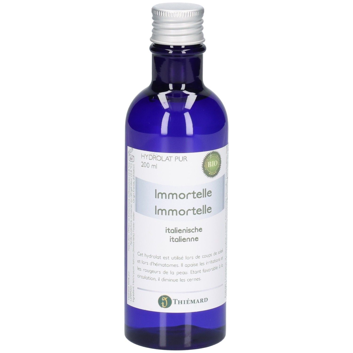 Blaue Glasflasche mit silbernem Verschluss, 200 ml Immortelle Hydrolat Pur, italienische Sorte.