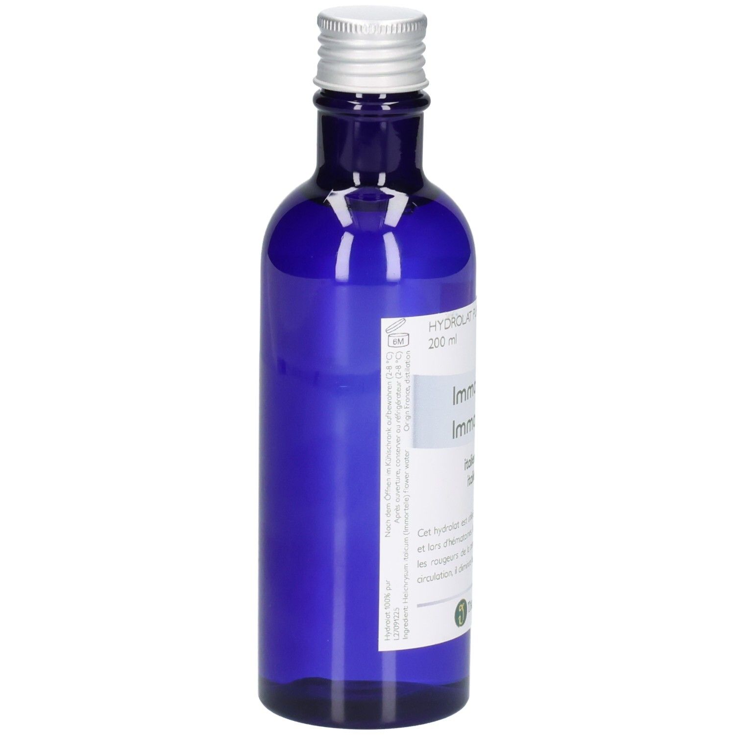 Blaue Glasflasche mit silbernem Verschluss, Etikett mit "HYDROLIQUE" und "200 ml".