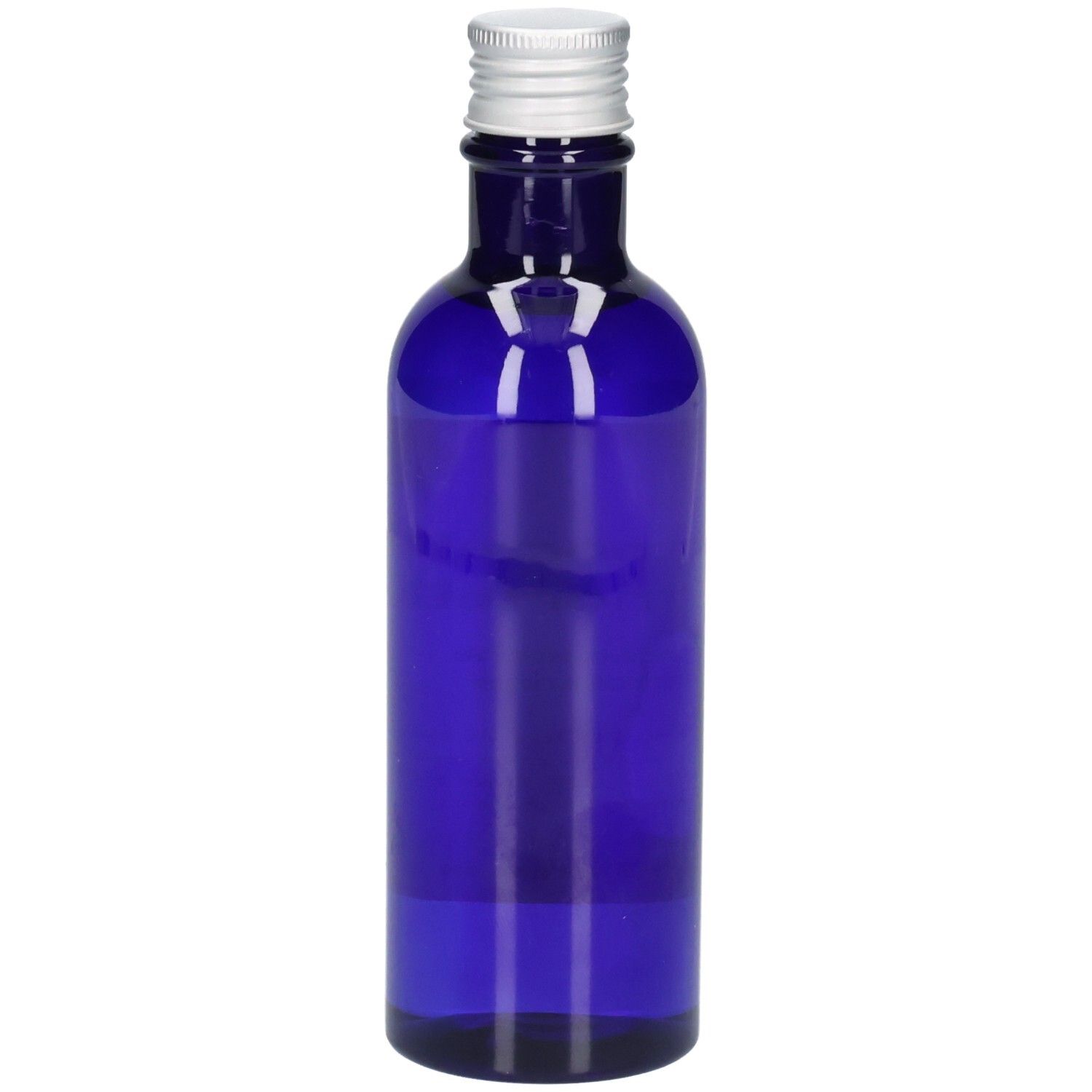 Blaue Glasflasche mit silbernem Schraubverschluss.