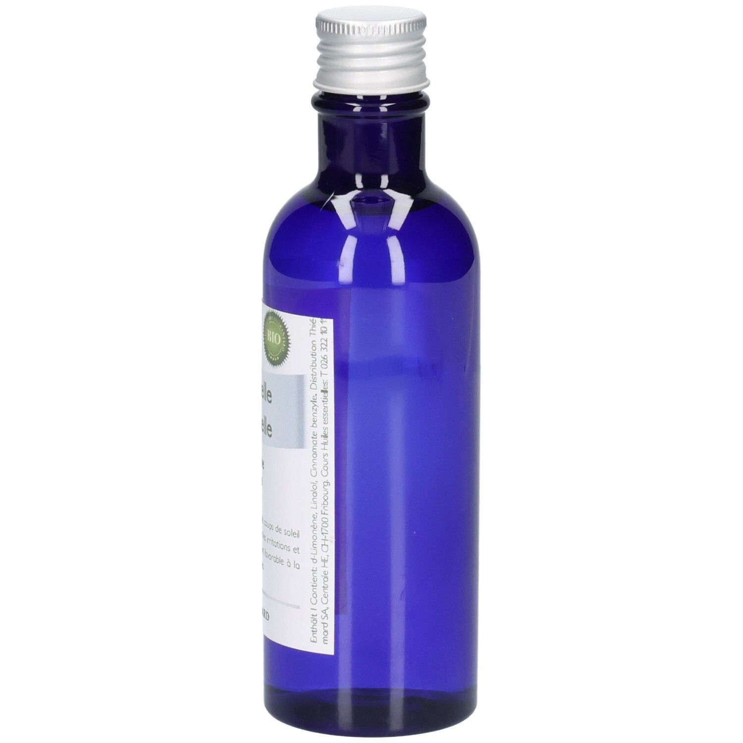 Blaue Glasflasche mit silbernem Schraubverschluss und Etikett.