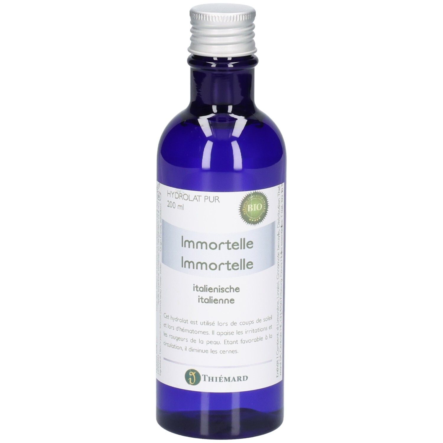 Blaue Glasflasche mit silbernem Verschluss, gefüllt mit 200ml Immortelle hydrolat. BIO-Siegel und Thielemard-Logo sichtbar.