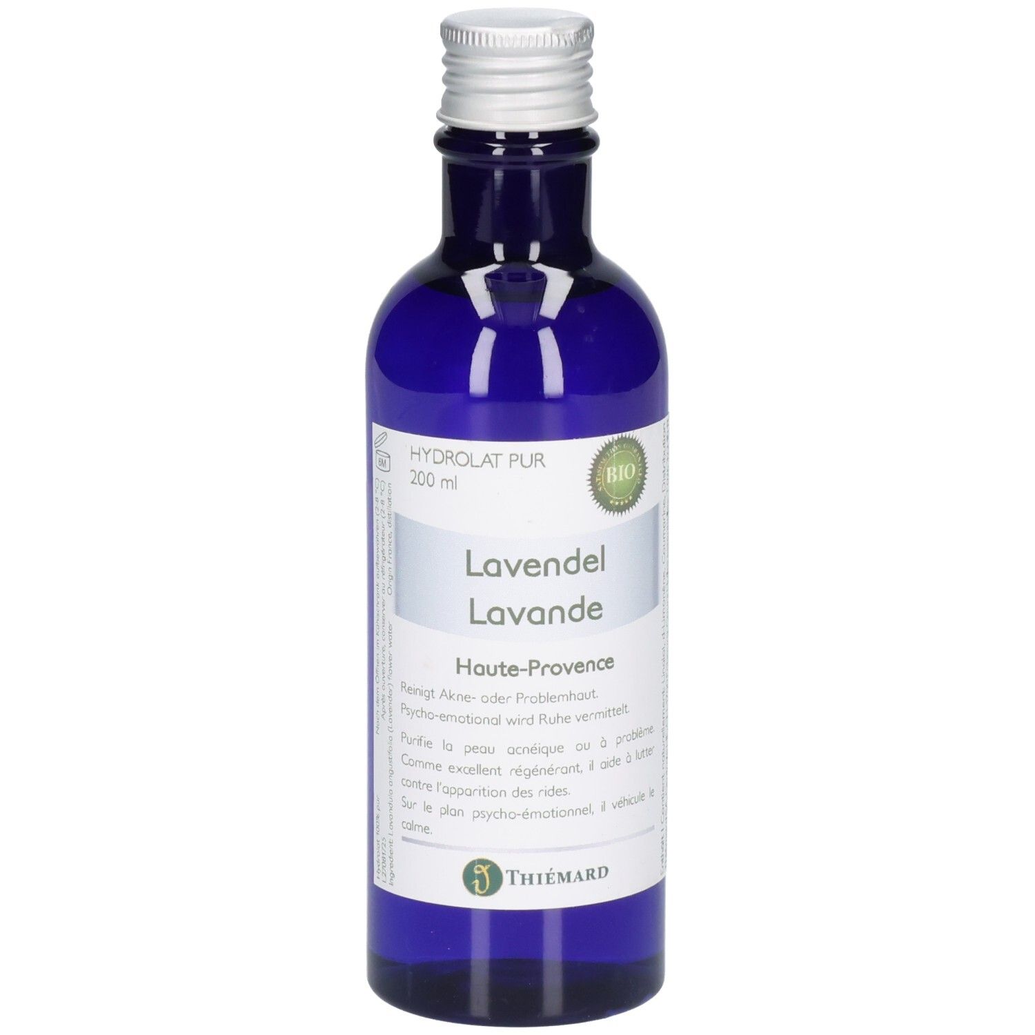 Blaue Glasflasche mit silbernem Verschluss, 200 ml Lavendelhydrolat, BIO-Siegel, Marke Thiémard.
