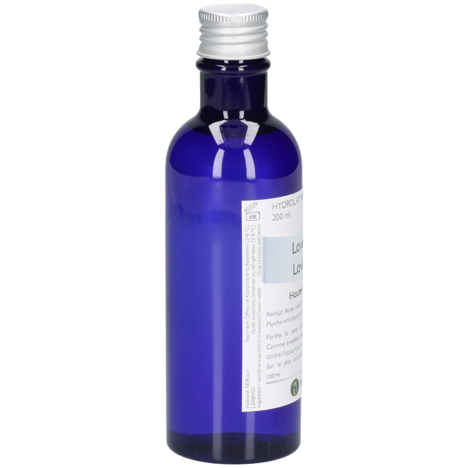 Blaue Glasflasche mit silbernem Schraubverschluss, gefüllt mit klarer Flüssigkeit. Etikett mit Produktinformationen.
