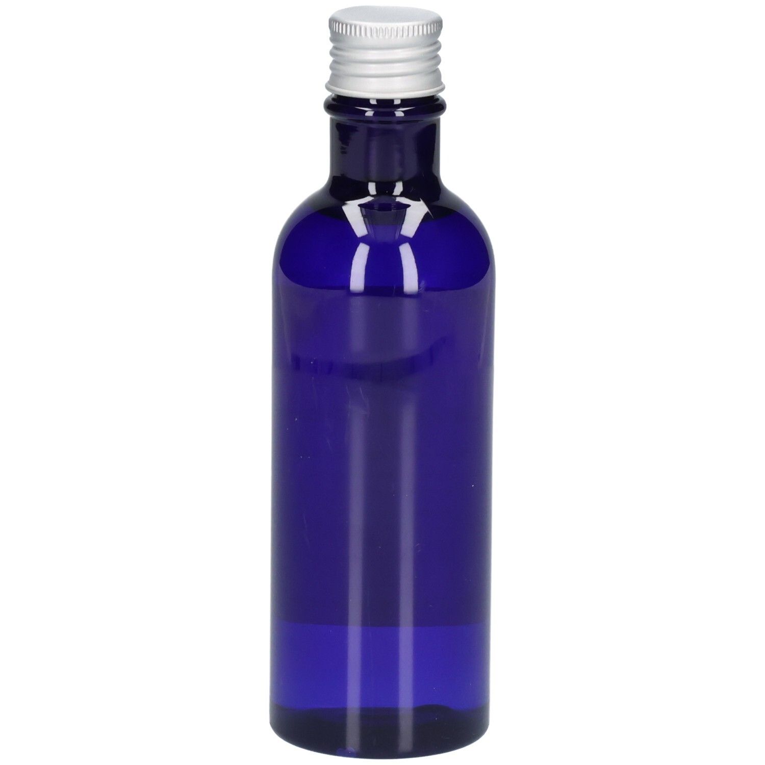 Dunkelblaue Glasflasche mit silbernem Schraubverschluss.