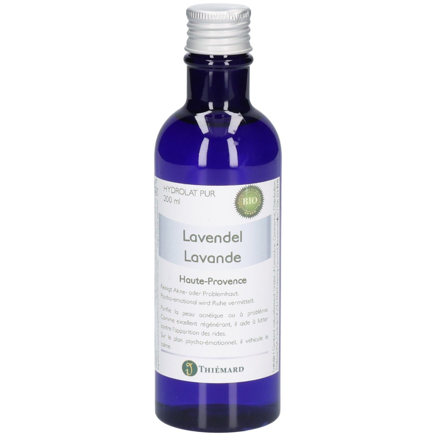 Blaue Glasflasche mit silbernem Verschluss, gefüllt mit Lavendel-Hydrolat. Enthält Bio-Siegel und Marke Thiemard.