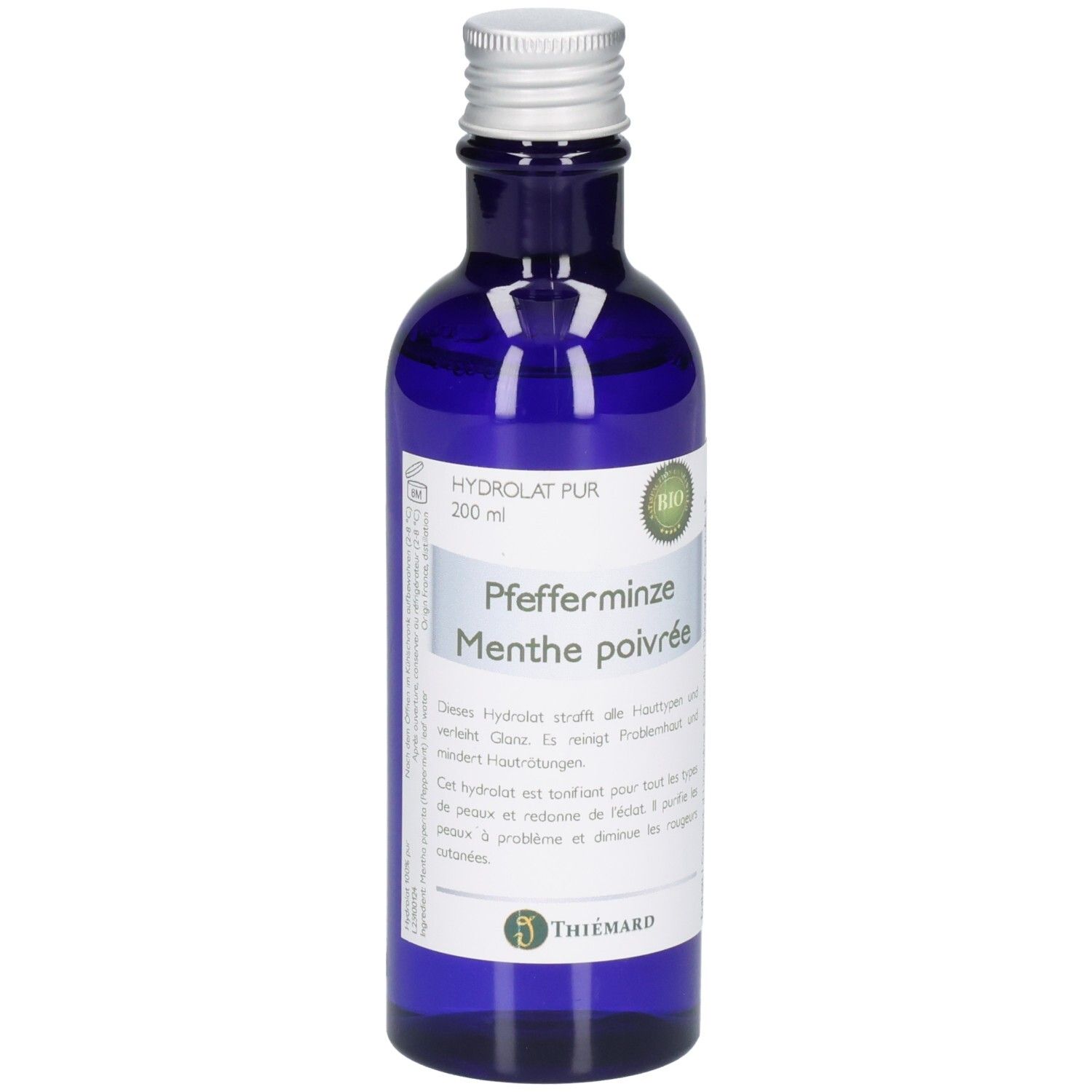 Blaue Glasflasche mit Pfefferminz-Hydrolat, 200 ml. Bio-Siegel und Thiemann-Logo sichtbar.