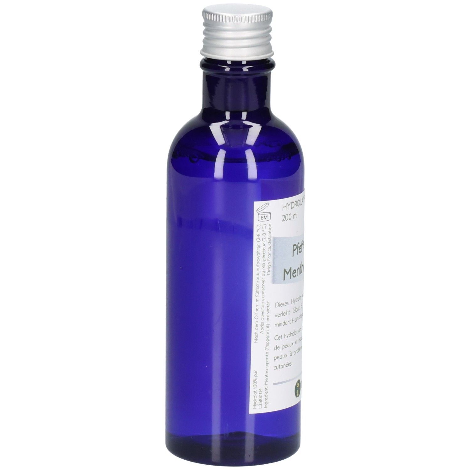 Blaue Glasflasche mit silbernem Schraubverschluss, 200 ml. Etikett mit "Pfefferminz" und Bio-Siegel.
