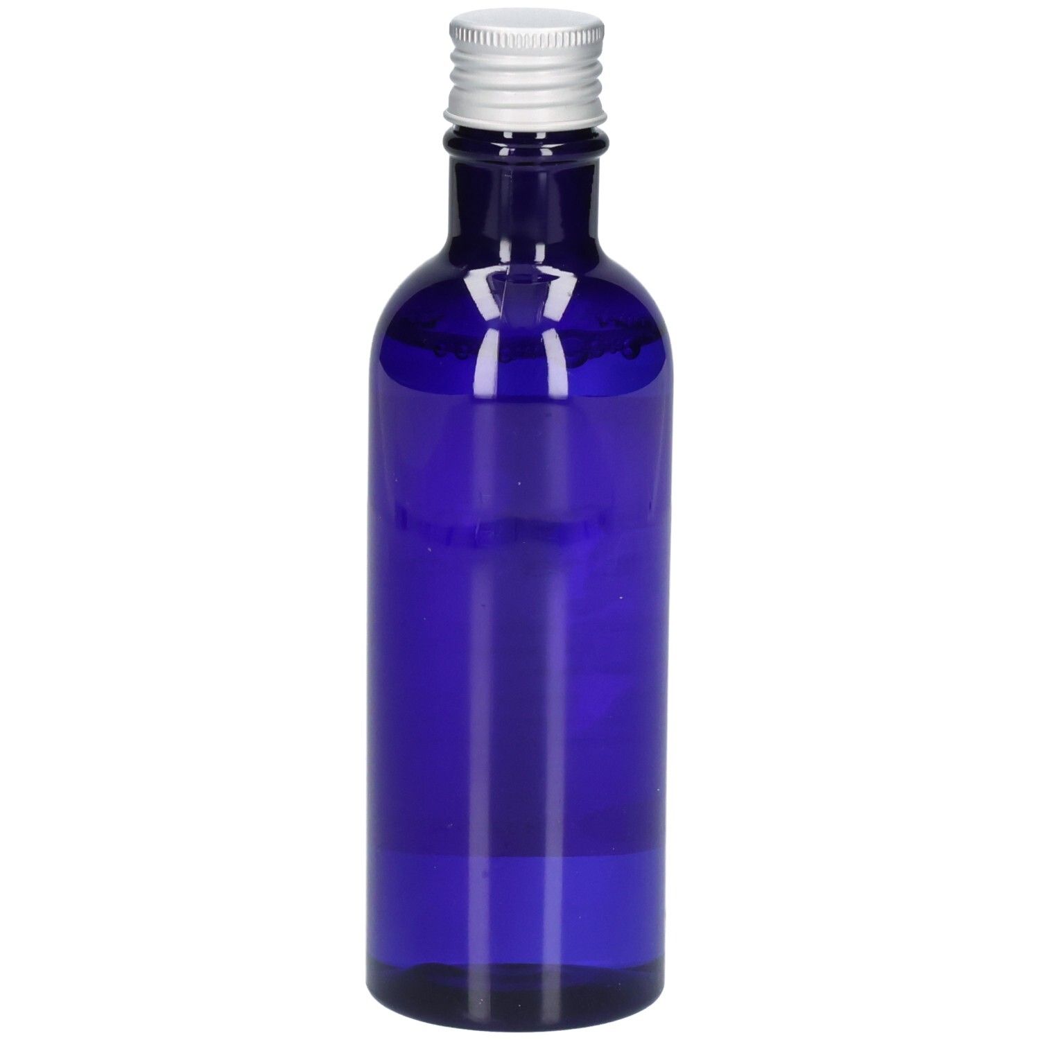 Blaue Glasflasche mit silbernem Schraubverschluss.