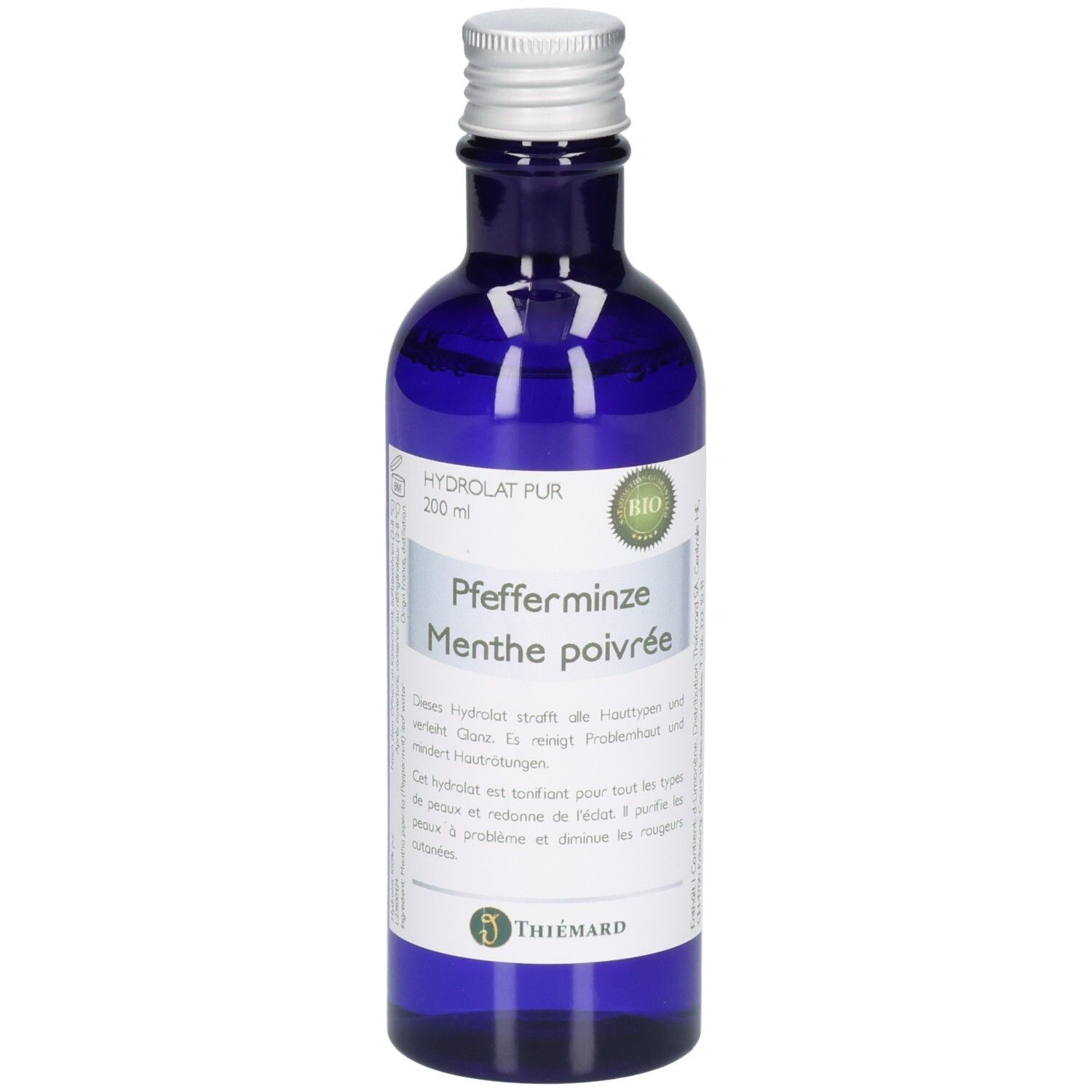 Blaue Glasflasche mit Pfefferminzhydrolat, 200 ml. BIO-Siegel und Thiemard-Logo sichtbar.
