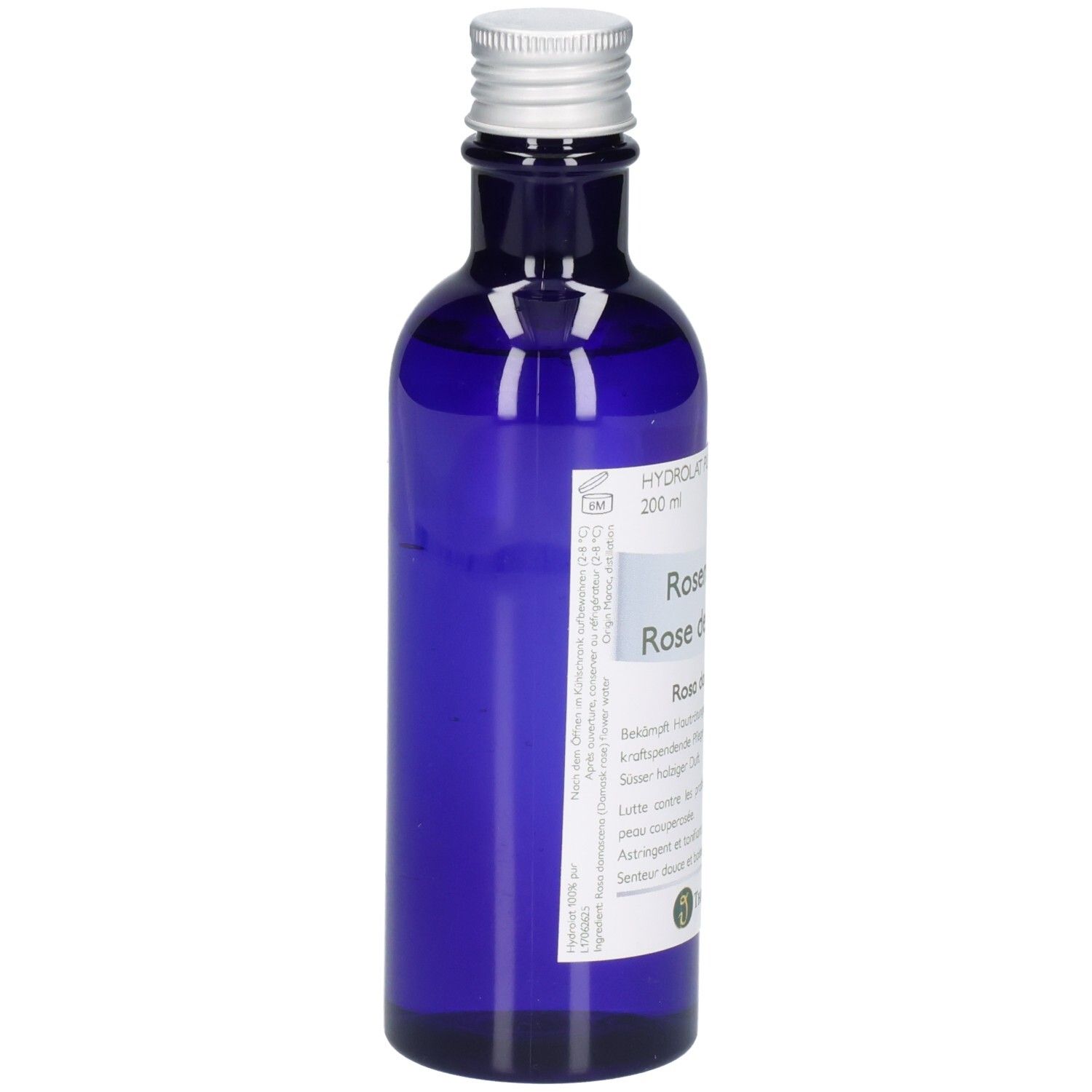 Blaue Glasflasche mit silbernem Verschluss, gefüllt mit Rosenwasser. Etikett zeigt "Rose d'Amour" und 200 ml.