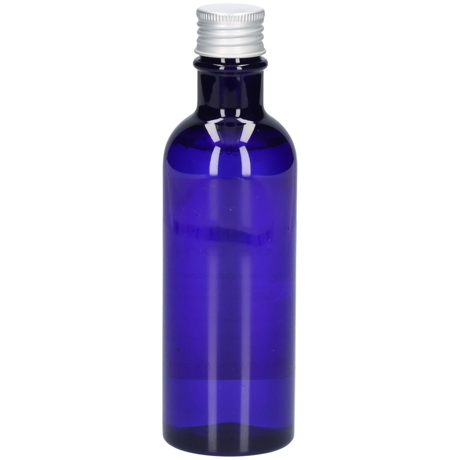 Blaue Glasflasche mit silbernem Schraubverschluss, gefüllt mit klarer Flüssigkeit.