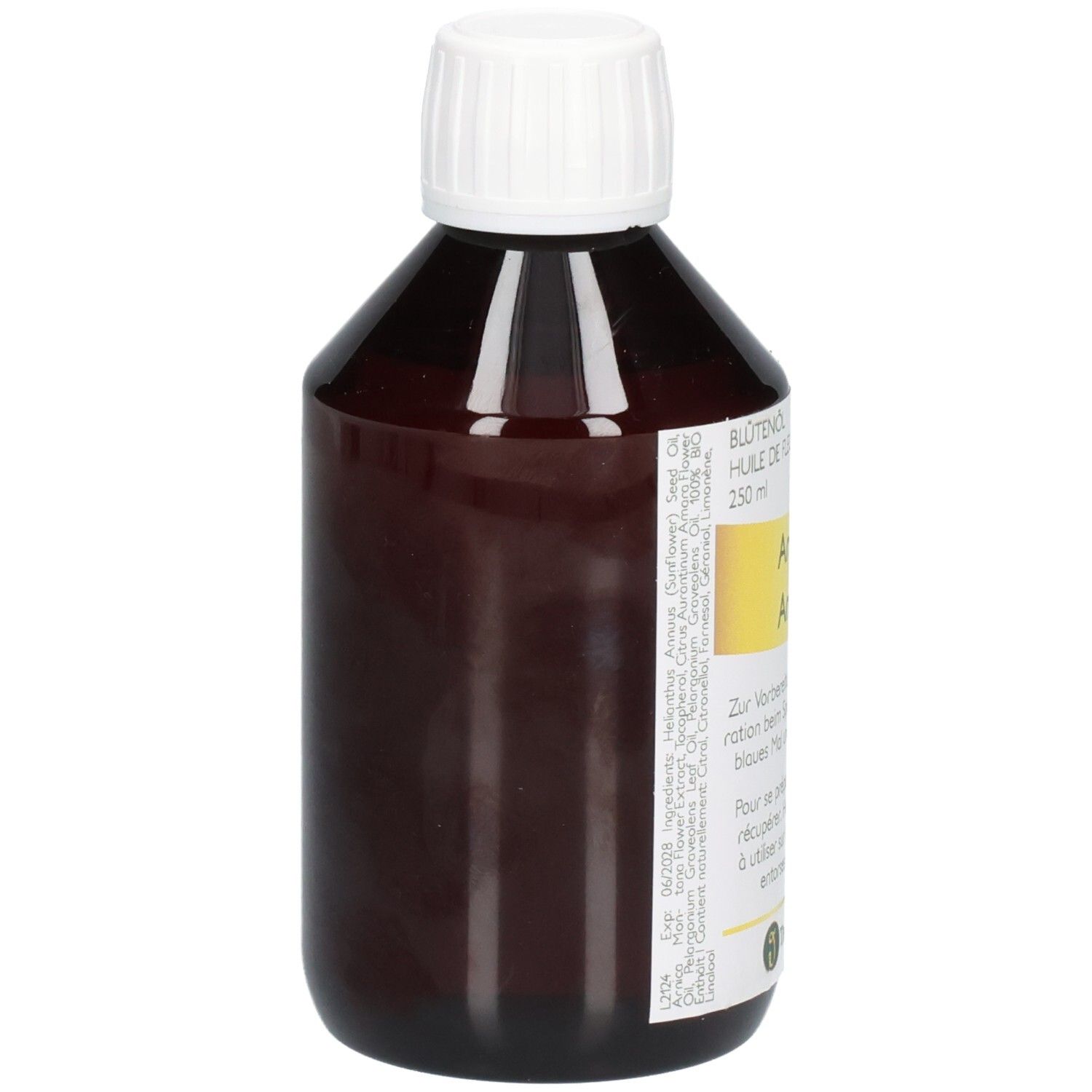 Braune Glasflasche mit weißem Schraubverschluss, 250 ml. Etikett mit gelbem Feld und Text.