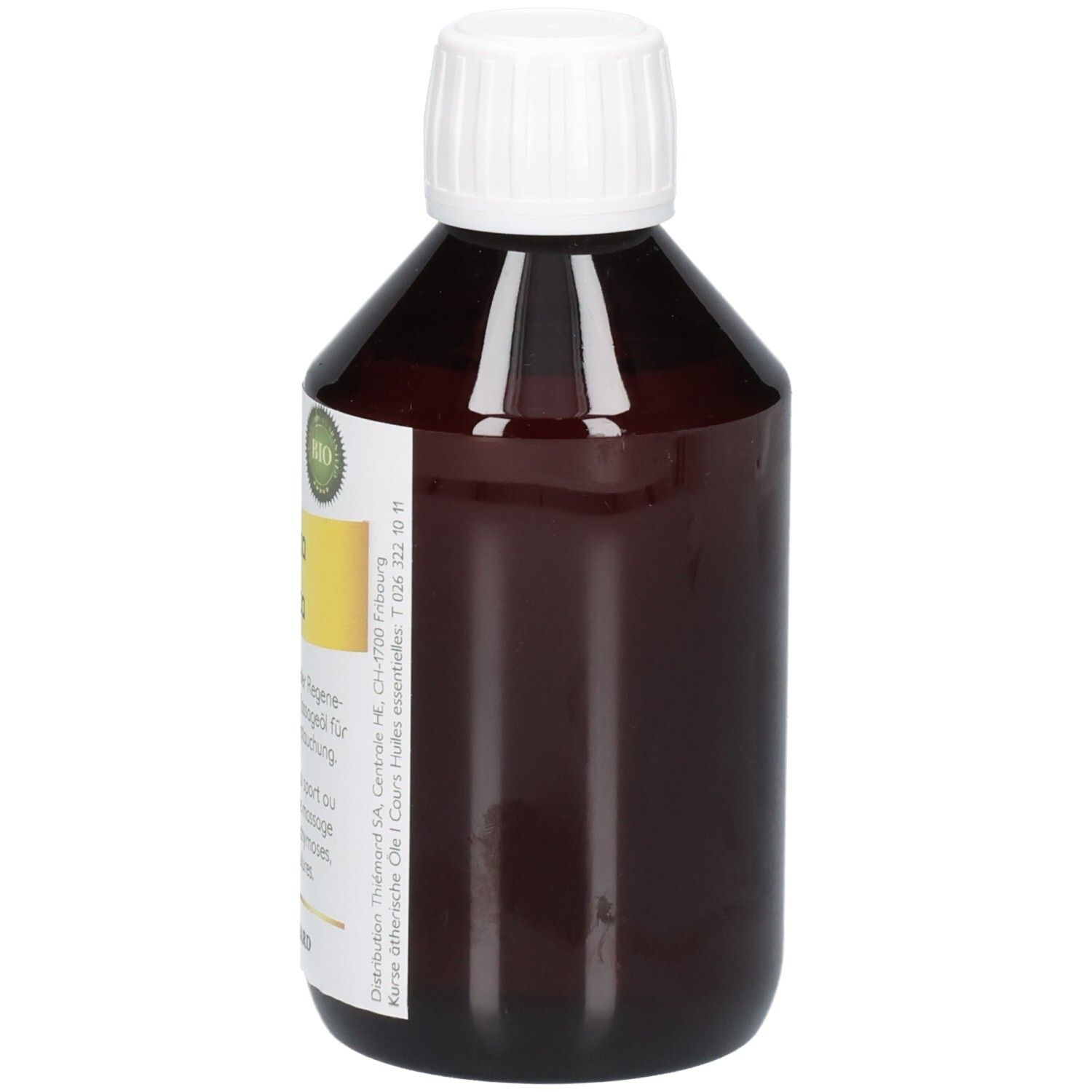 Braune Glasflasche mit weißem Schraubverschluss und Etikett. Enthält ein Bio-Siegel.