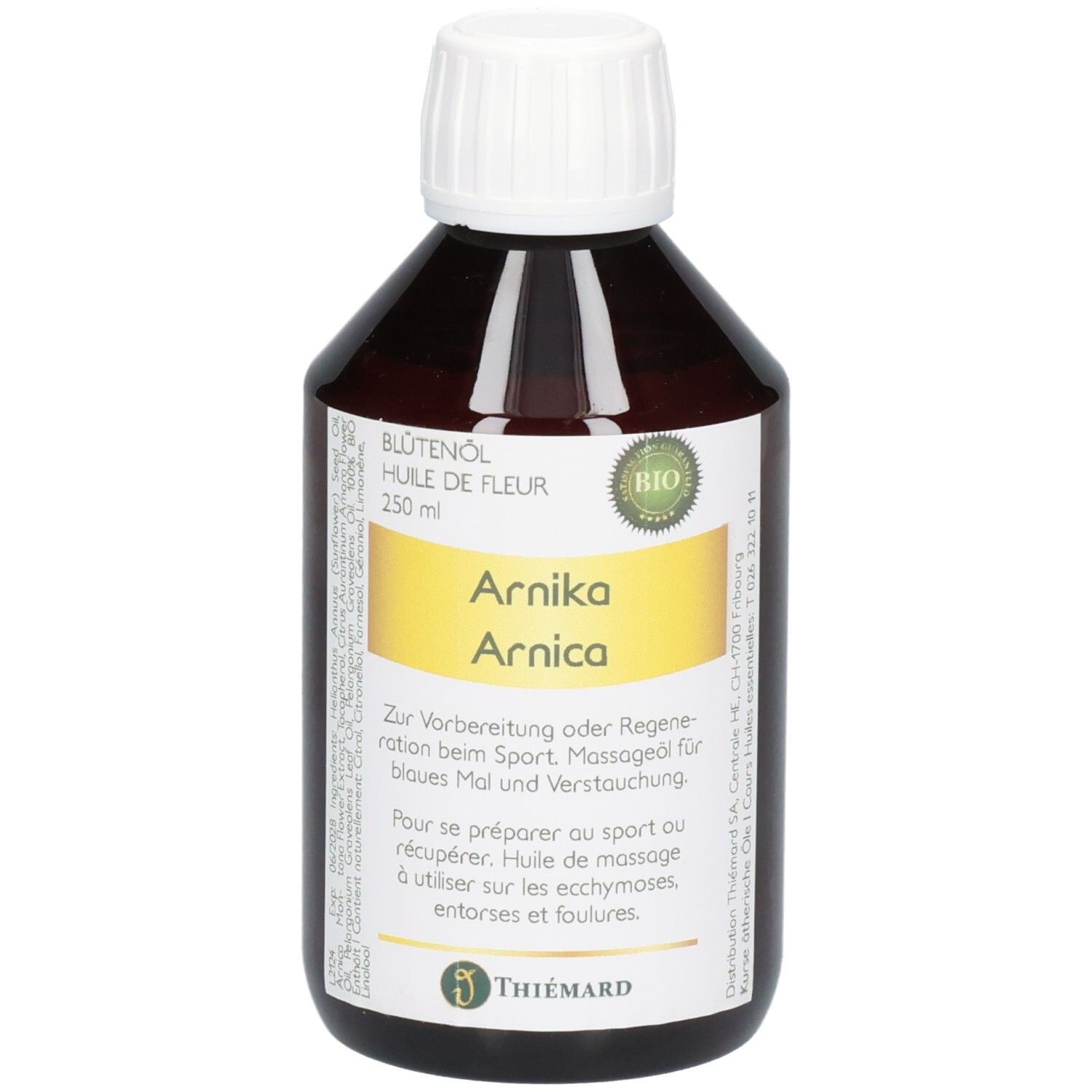 Braune Glasflasche mit weißem Schraubverschluss, gefüllt mit Arnikaöl. Etikett mit "Arnika Arnica" und "BIO"-Siegel.